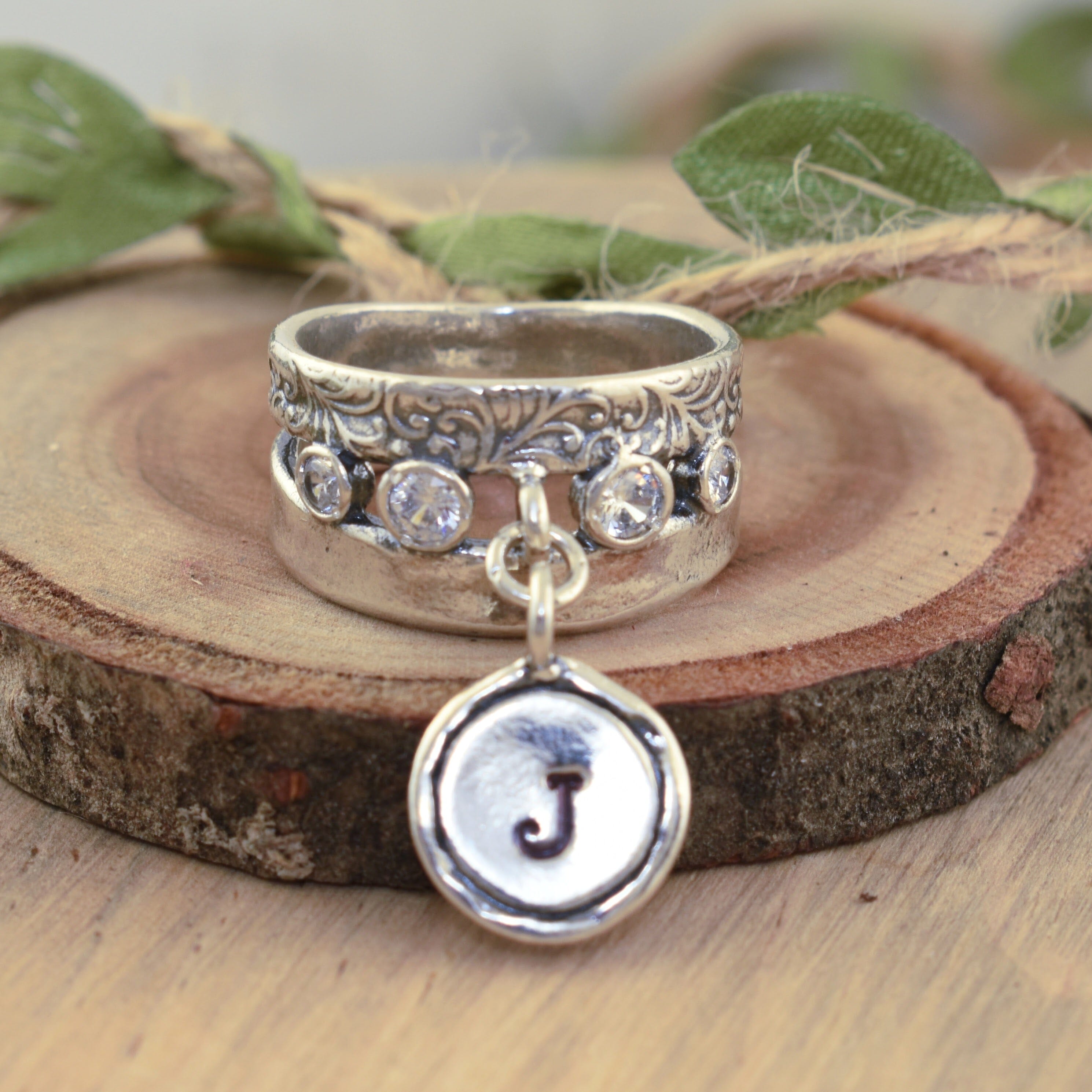 Sterling silver and CZ ring with personalized initial dangle