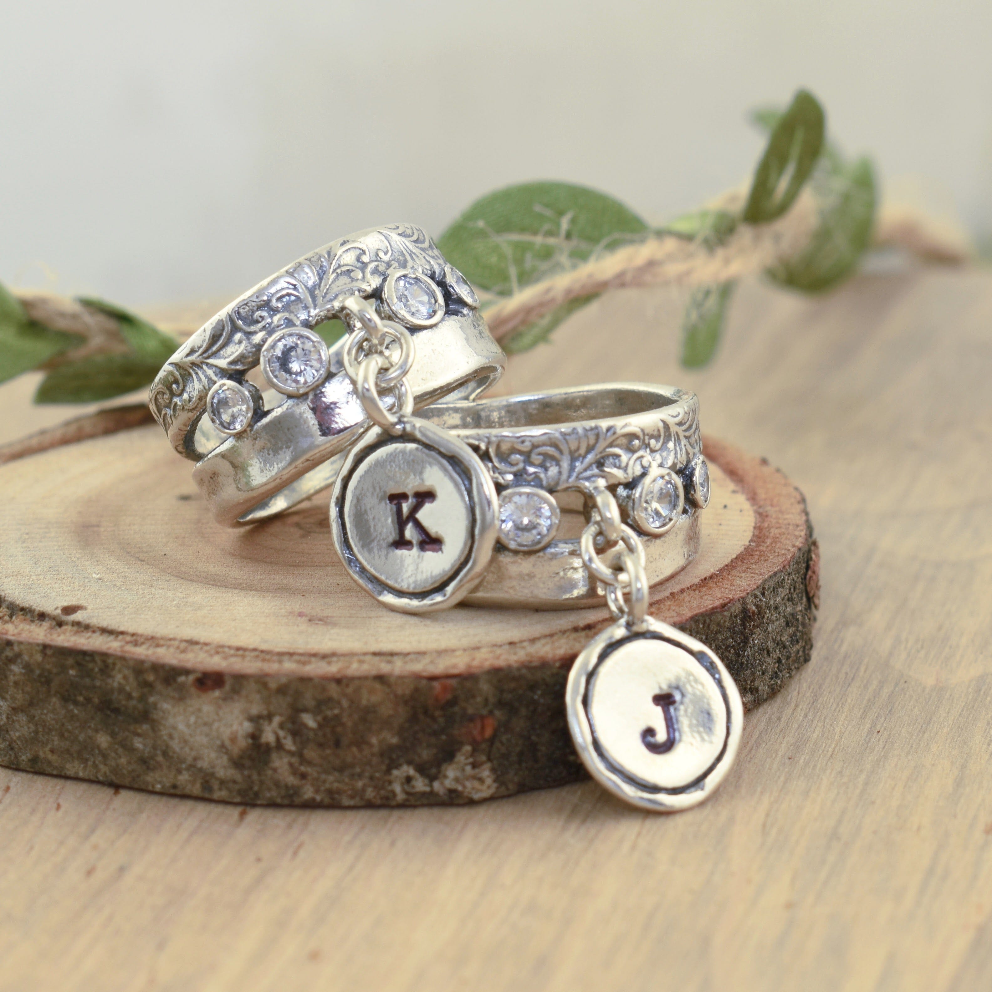 Hand-stamped initial dangle ring in .925 sterling silver