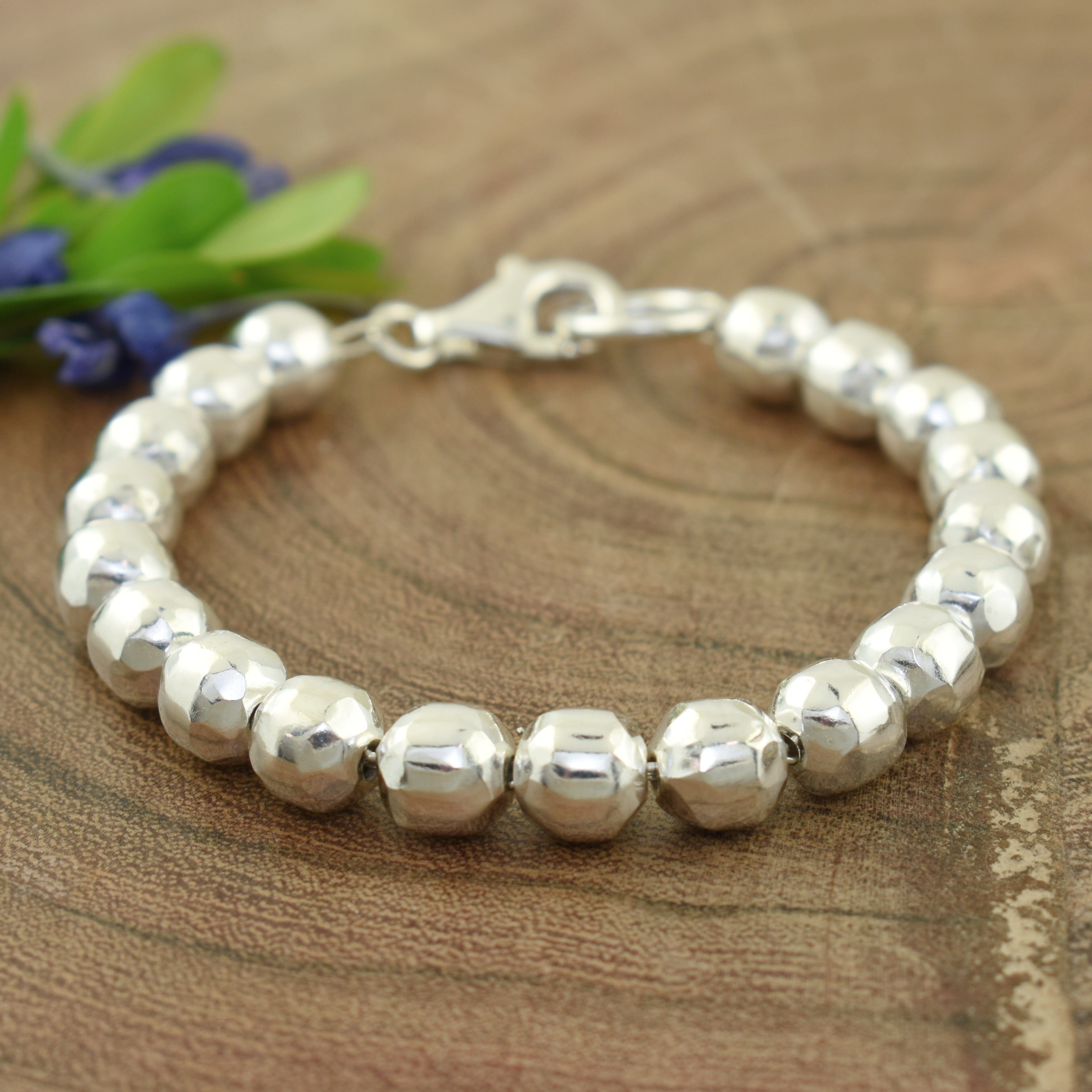 Hammered sterling silver bead bracelet with lobster closure