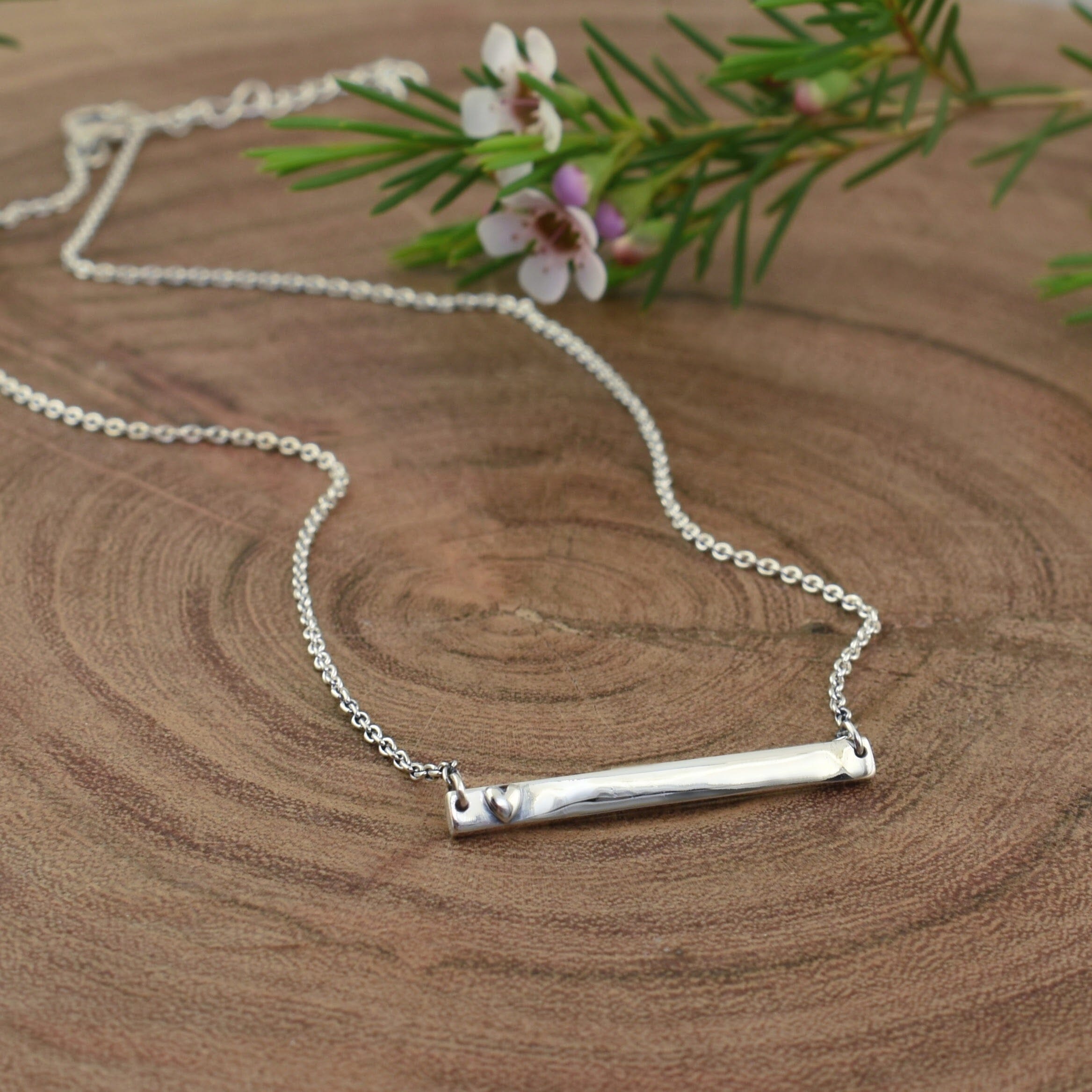 sterling silver classic bar necklace with a heart