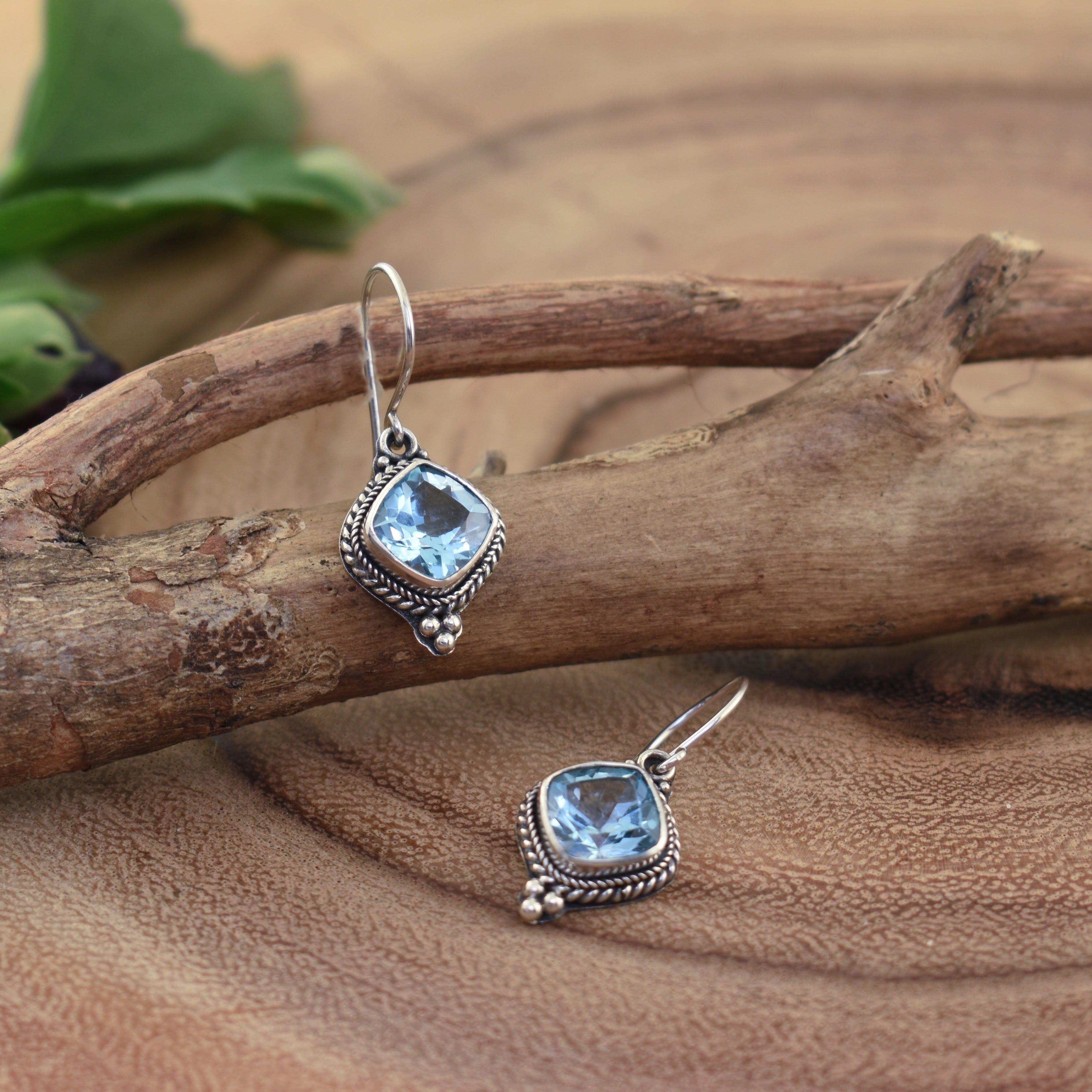 dainty blue topaz dangling earrings 