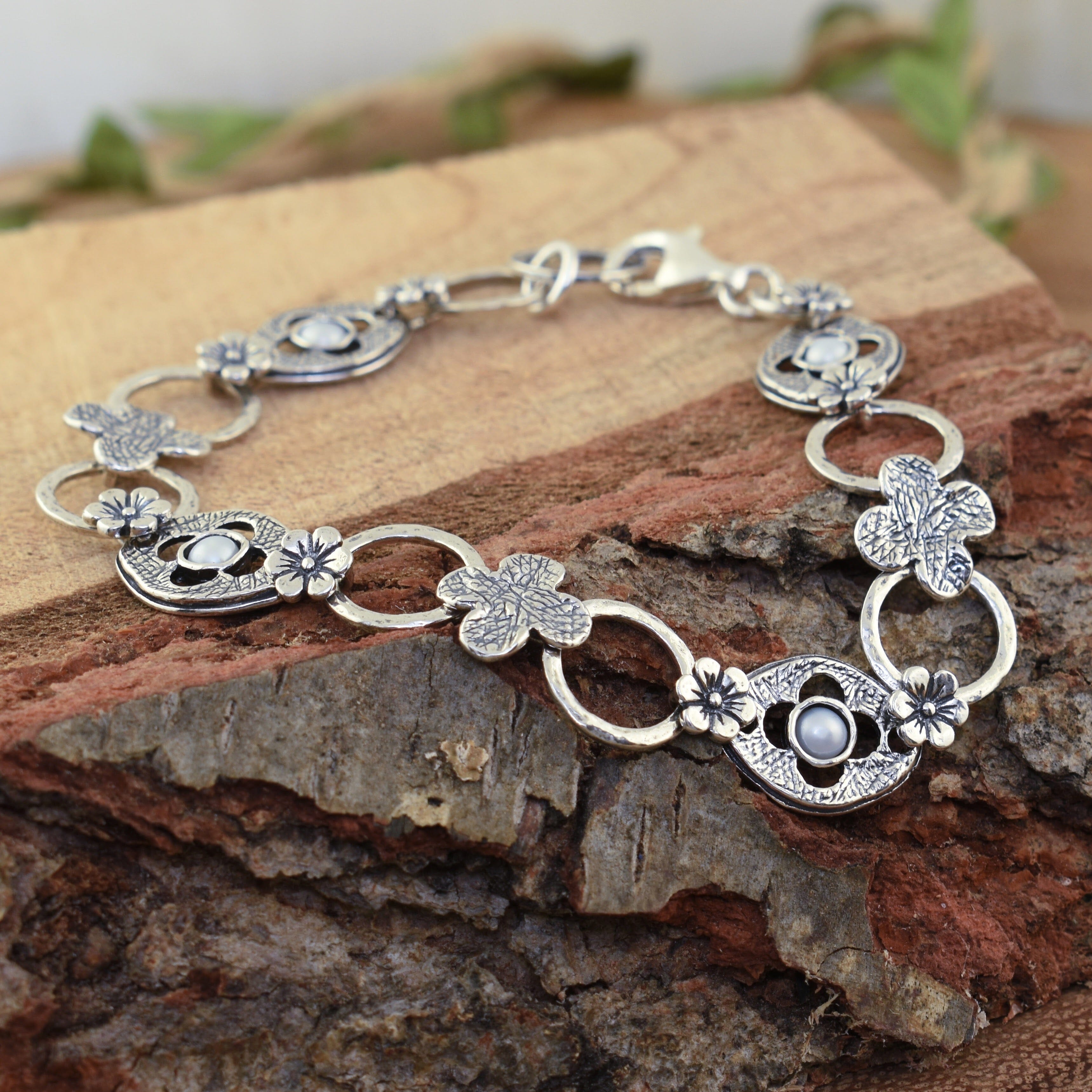 floral pearl link bracelet with oxidation