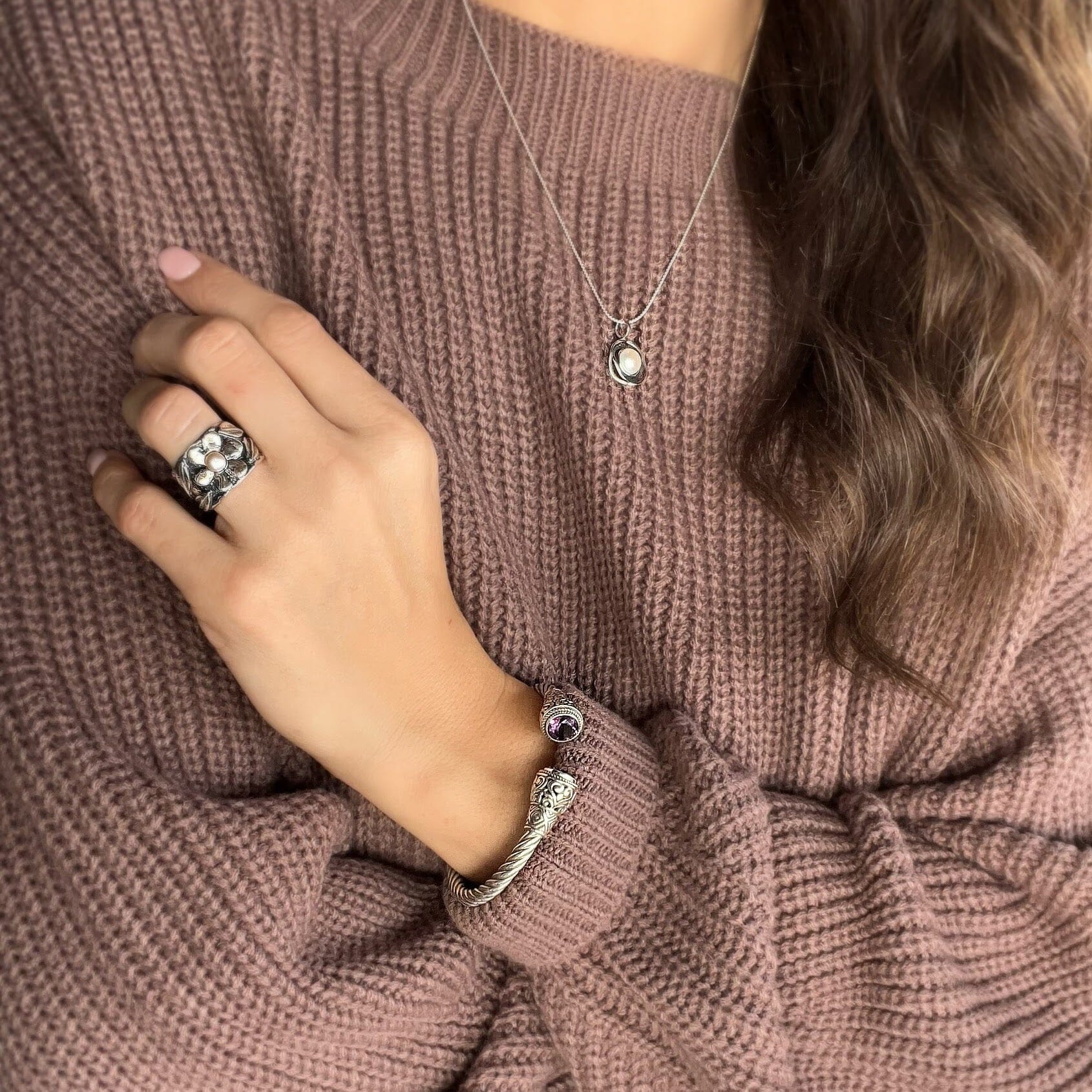 Royal Plum Cuff paired with Forget Me Not Ring and Ella Necklace