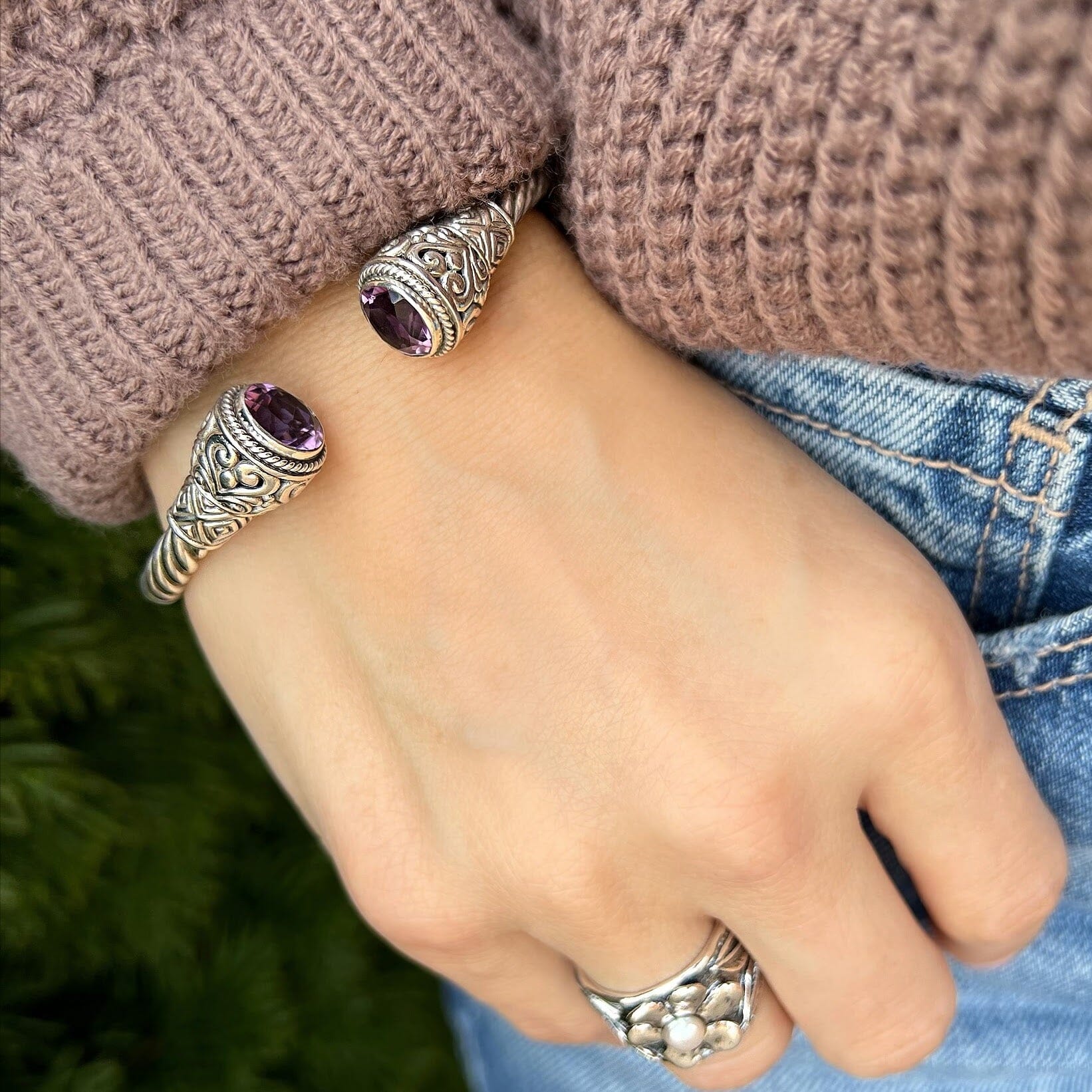 twisted hinge cuff featuring filigree and amethyst