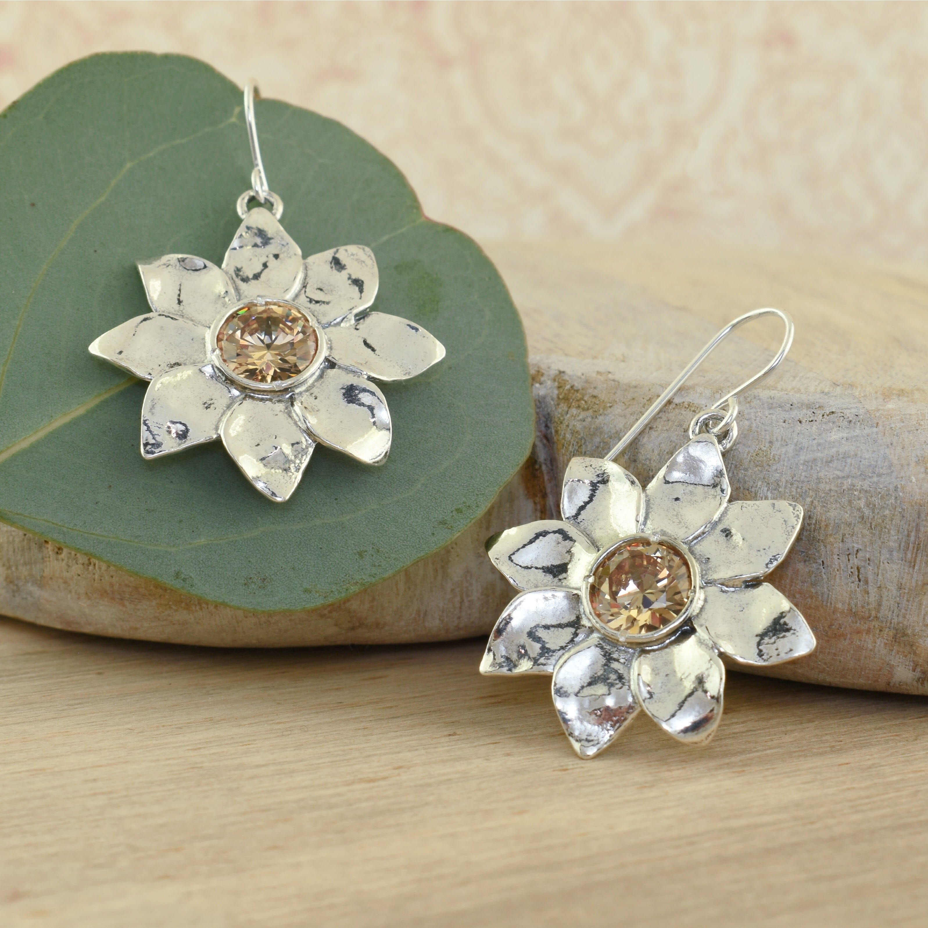 sunflower earrings featuring champagne cz
