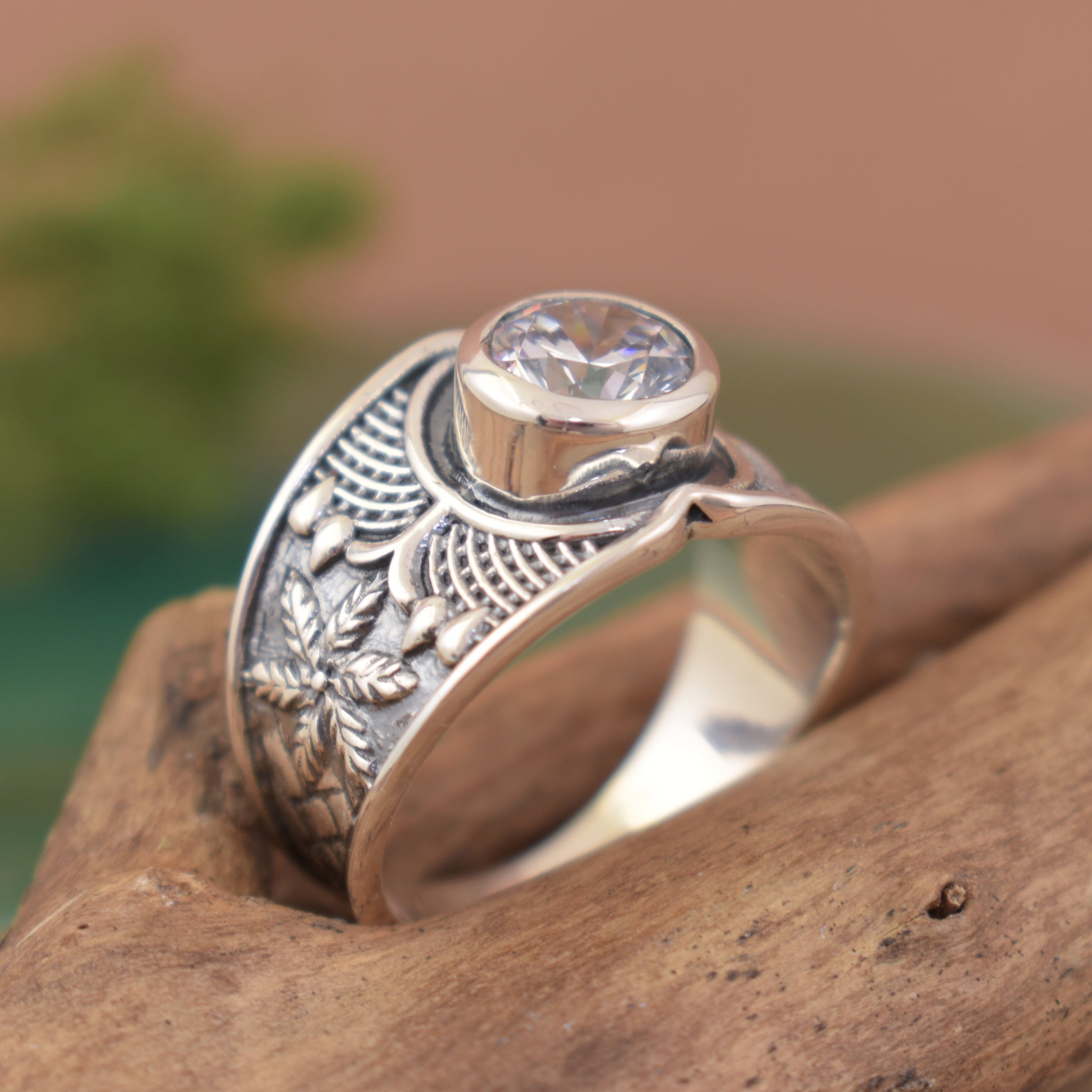 Palm tree and wicker basket sterling silver ring
