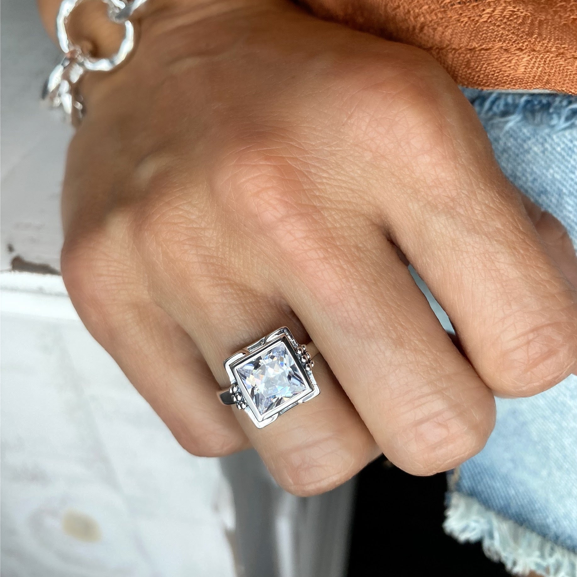 sterling silver ring with square cut cubic zirconia