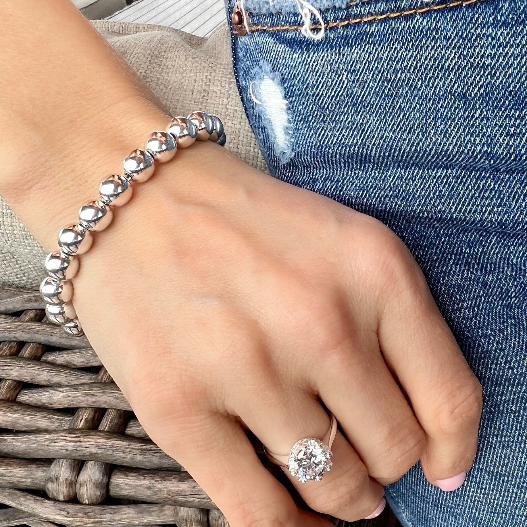 Beaded ball bracelet with Diana sterling silver and cz ring