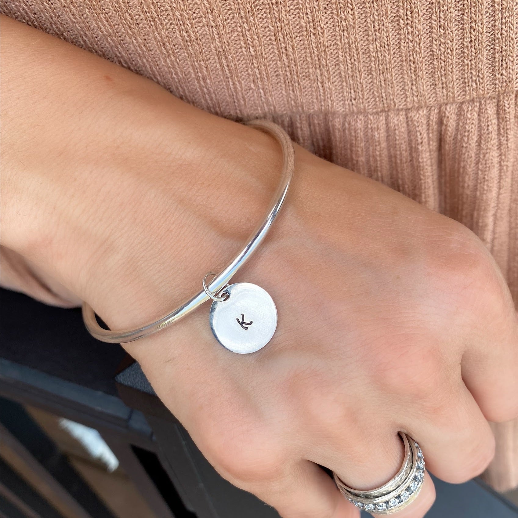 Hand stamped .925 sterling silver initial bangle