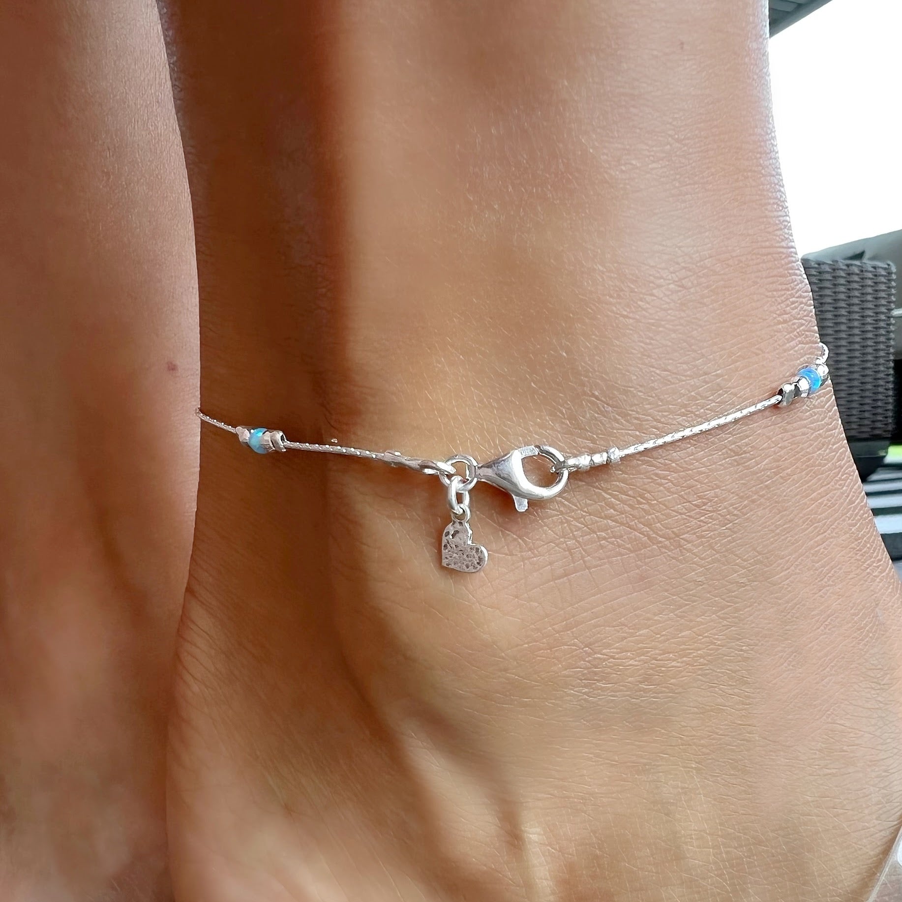 sterling silver and opal anklet with dangling heart charm