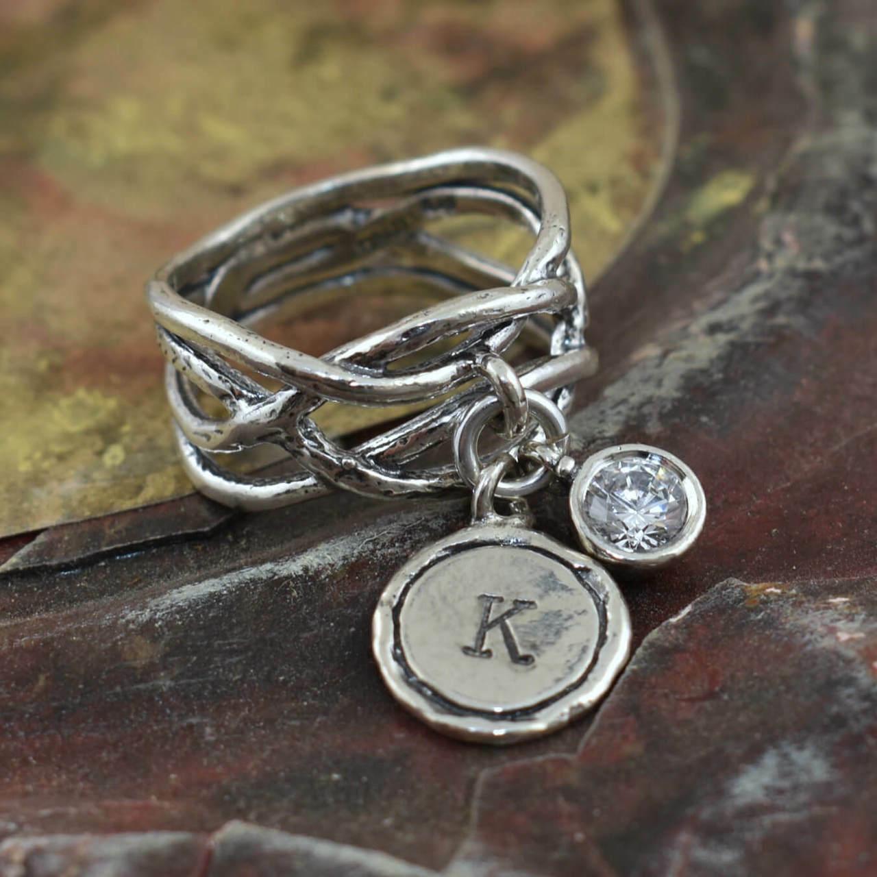 Sterling silver initial and birthstone ring