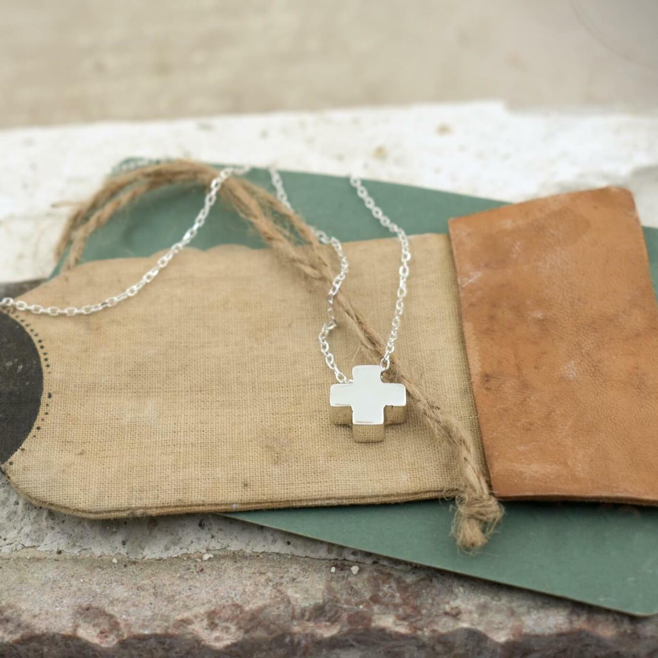 Puffy cross handcrafted sterling silver necklace