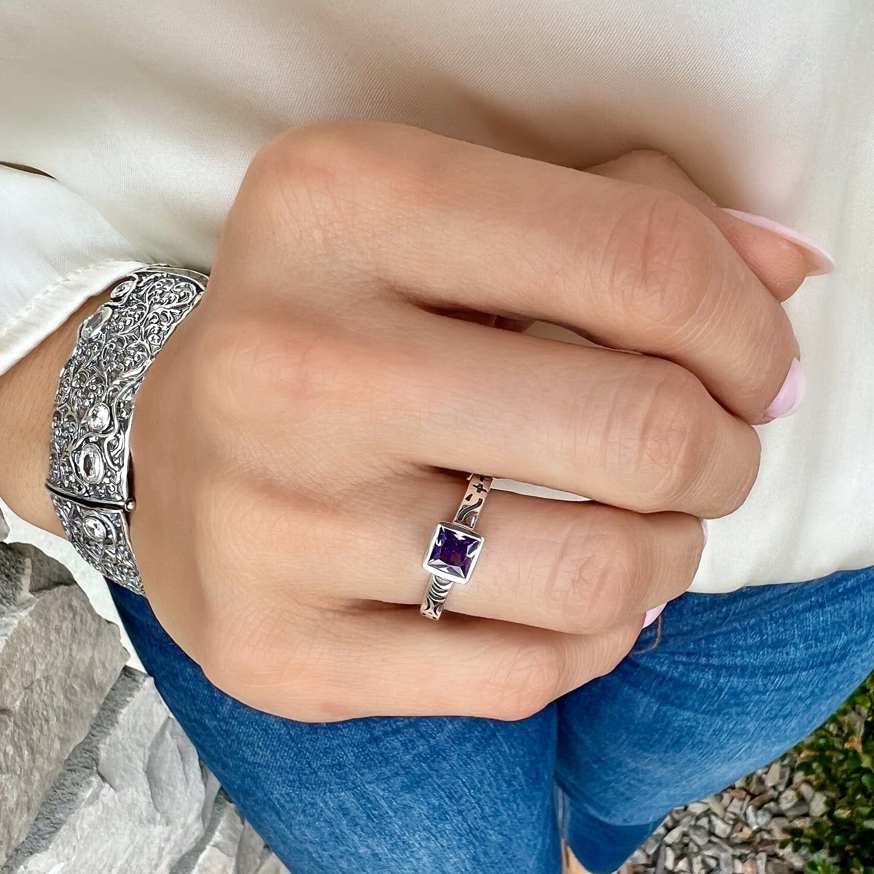 dainty amethyst cz Sugarplum Ring paired with chunky Upper Class Bracelet