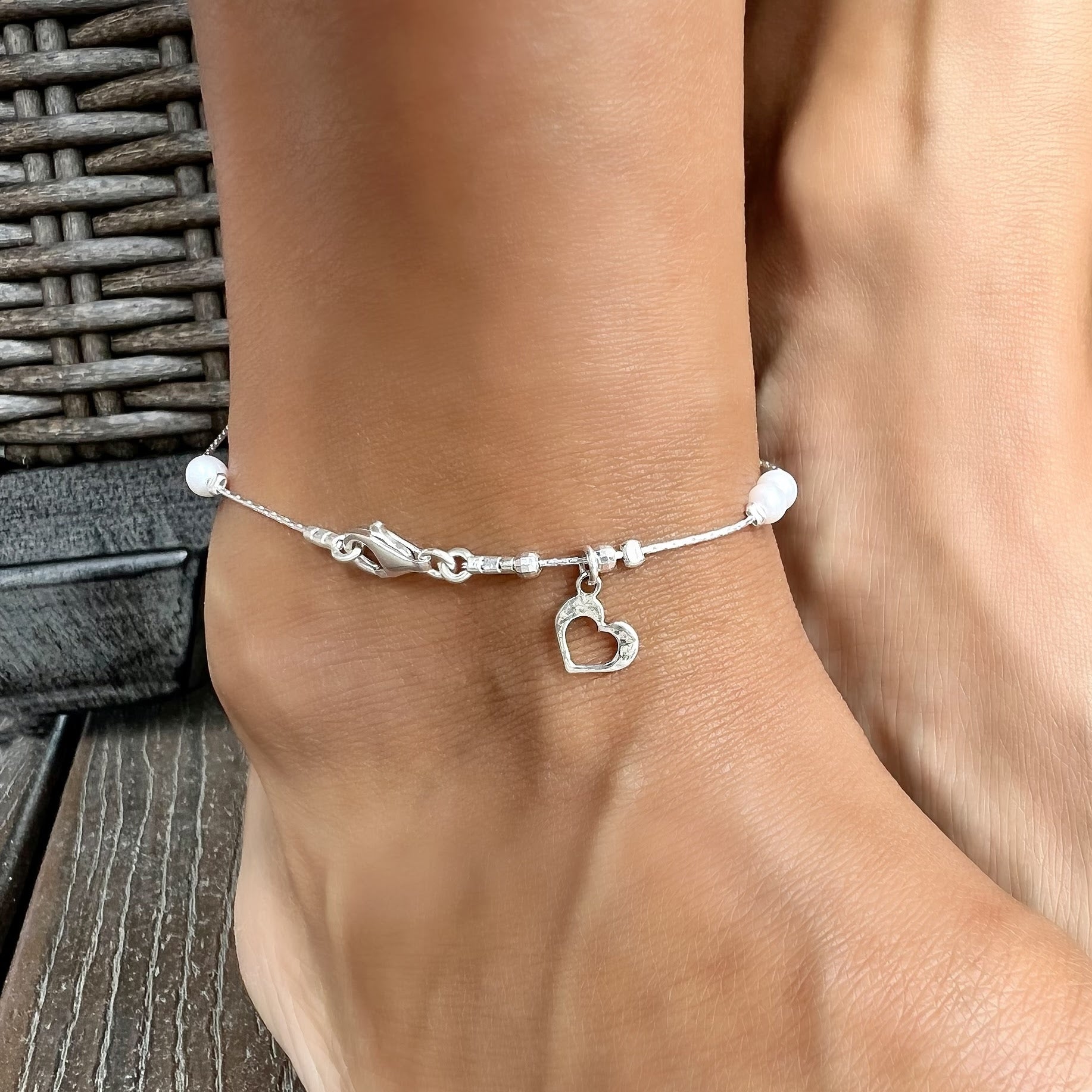 silver pearl anklet with a dainty heart dangle