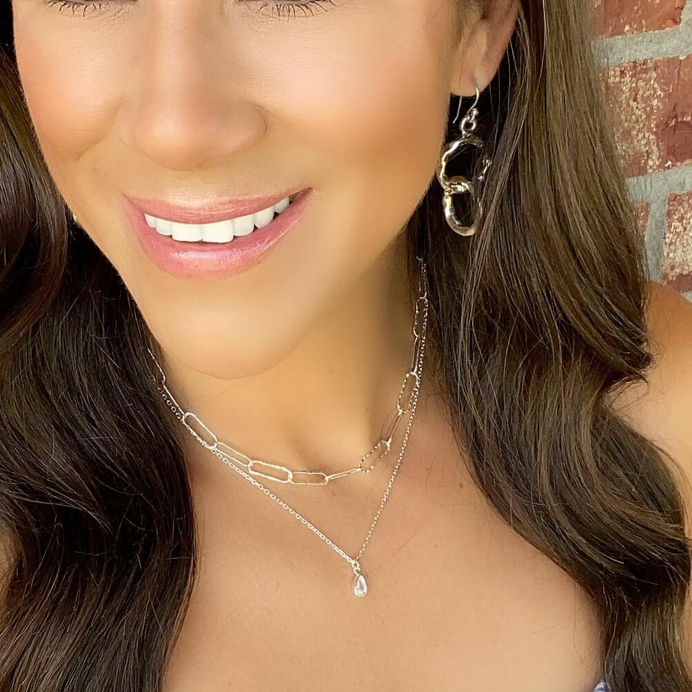 Sterling silver Hammered Paperclip Chain paired with handcrafted Today's Girl Earrings