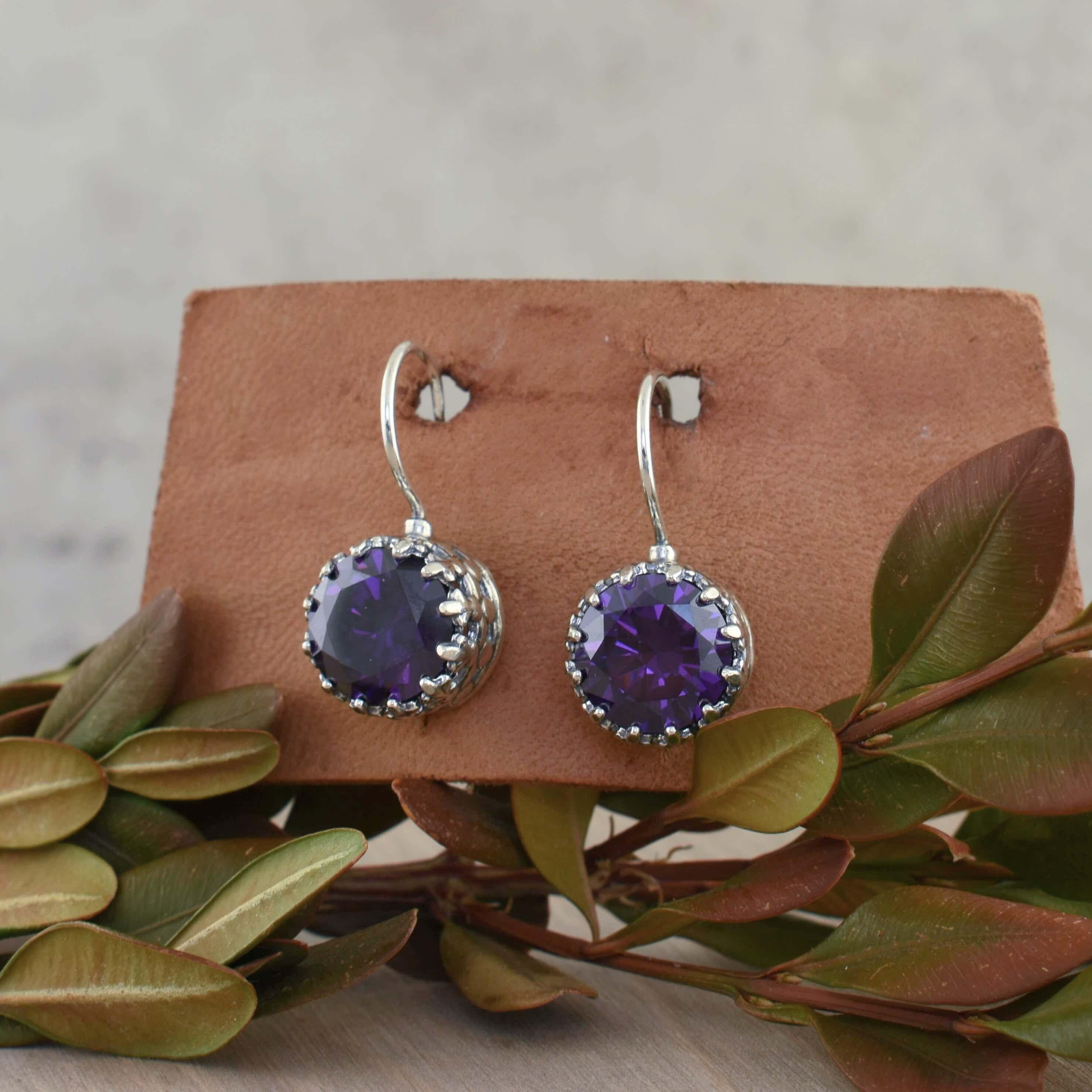 African Violet Earrings in sterling silver and deep purple-violet CZ