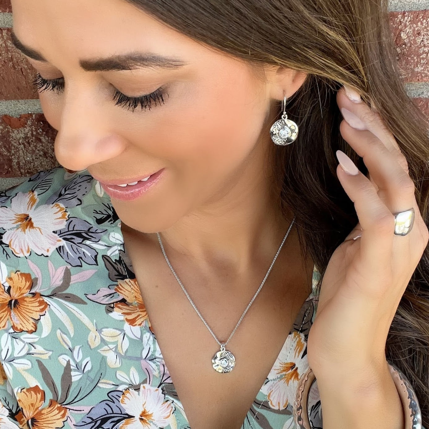 Matching Better Half necklace and earrings paired with Classic Dome and Hammered Bliss Bangle