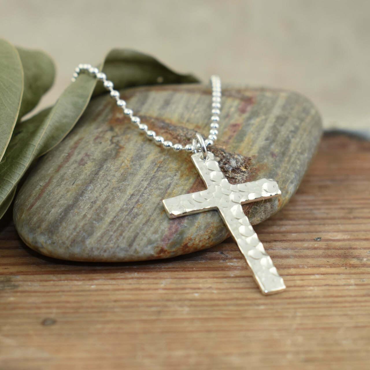 Hammered .925 sterling silver cross necklace
