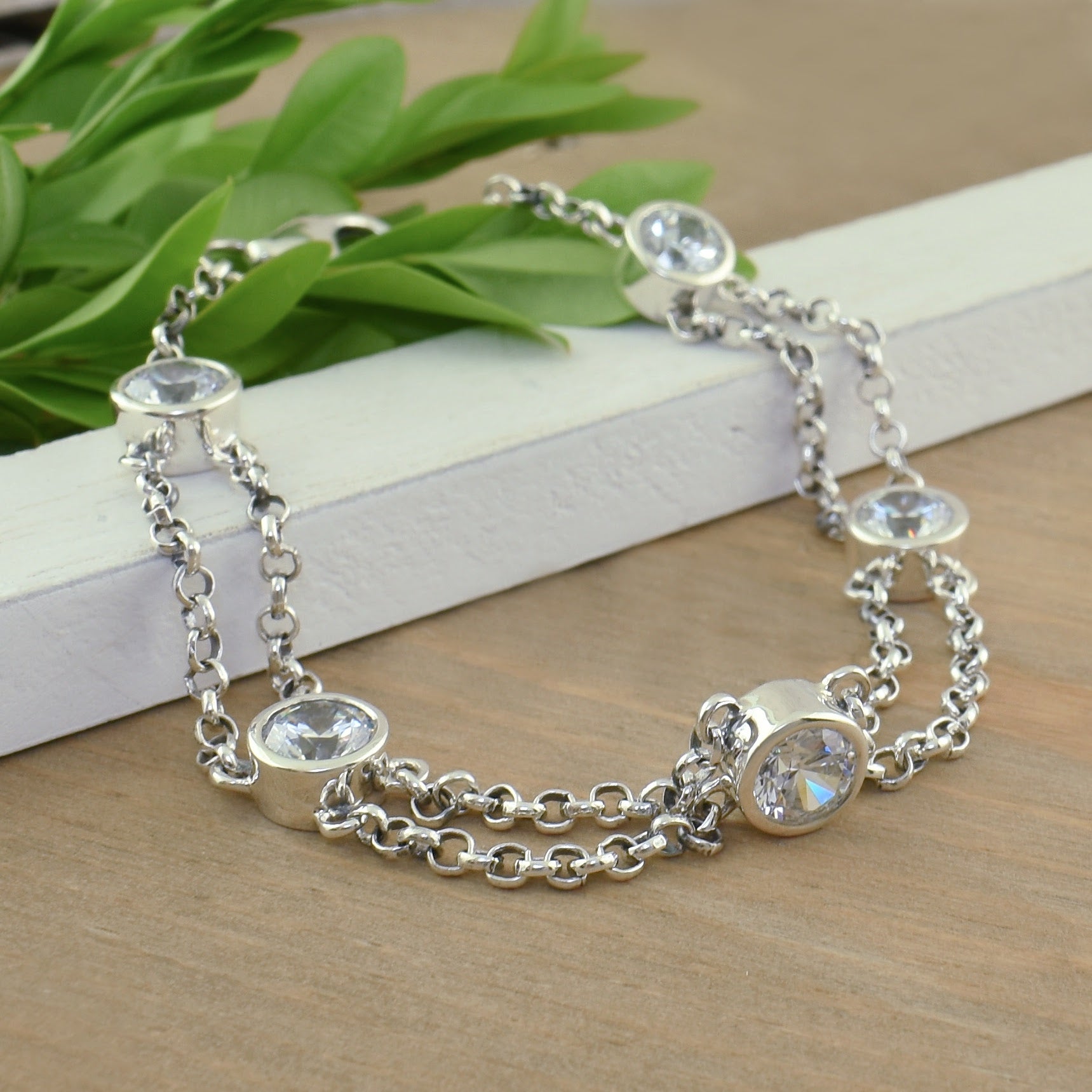 .925 sterling silver and cz double chain bracelet
