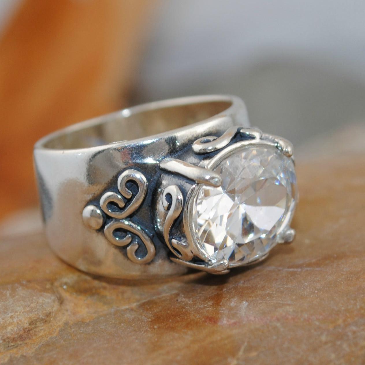 Sterling silver ring with large oval cubic zirconia