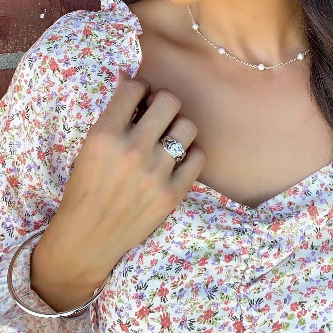 Garden Glow Ring paired with Skipping Stones Necklace and Polished Bangle