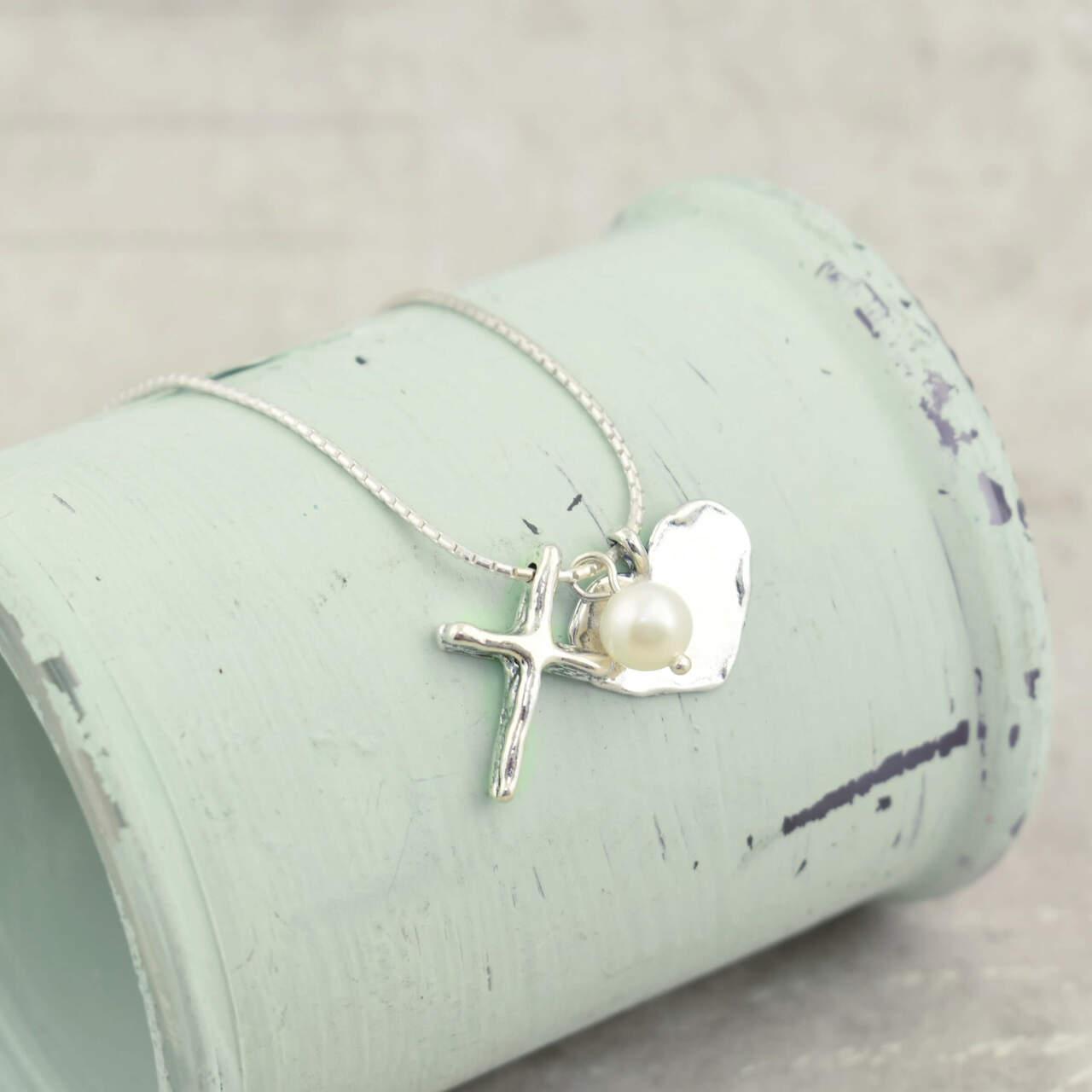 Handcrafted sterling silver and freshwater pearl Joyful Heart necklace