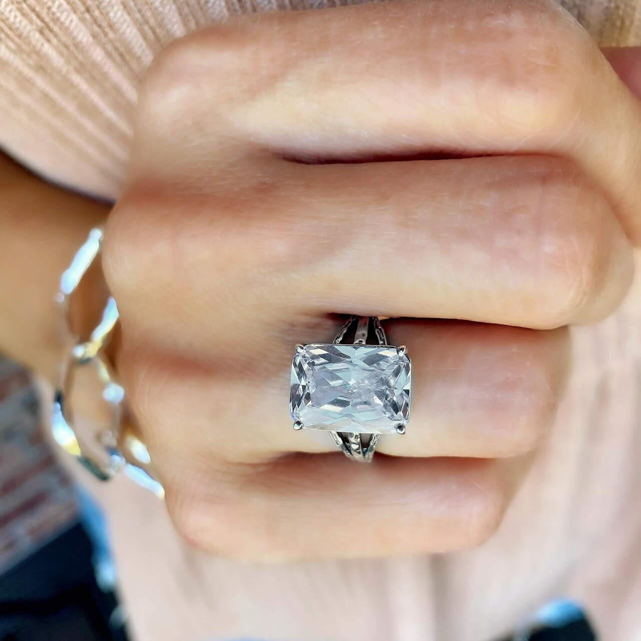 Large stone sterling silver ring with emerald cut CZ stone