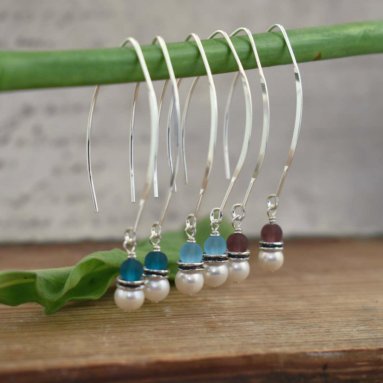 Sterling silver earrings with ocean glass and freshwater pearls