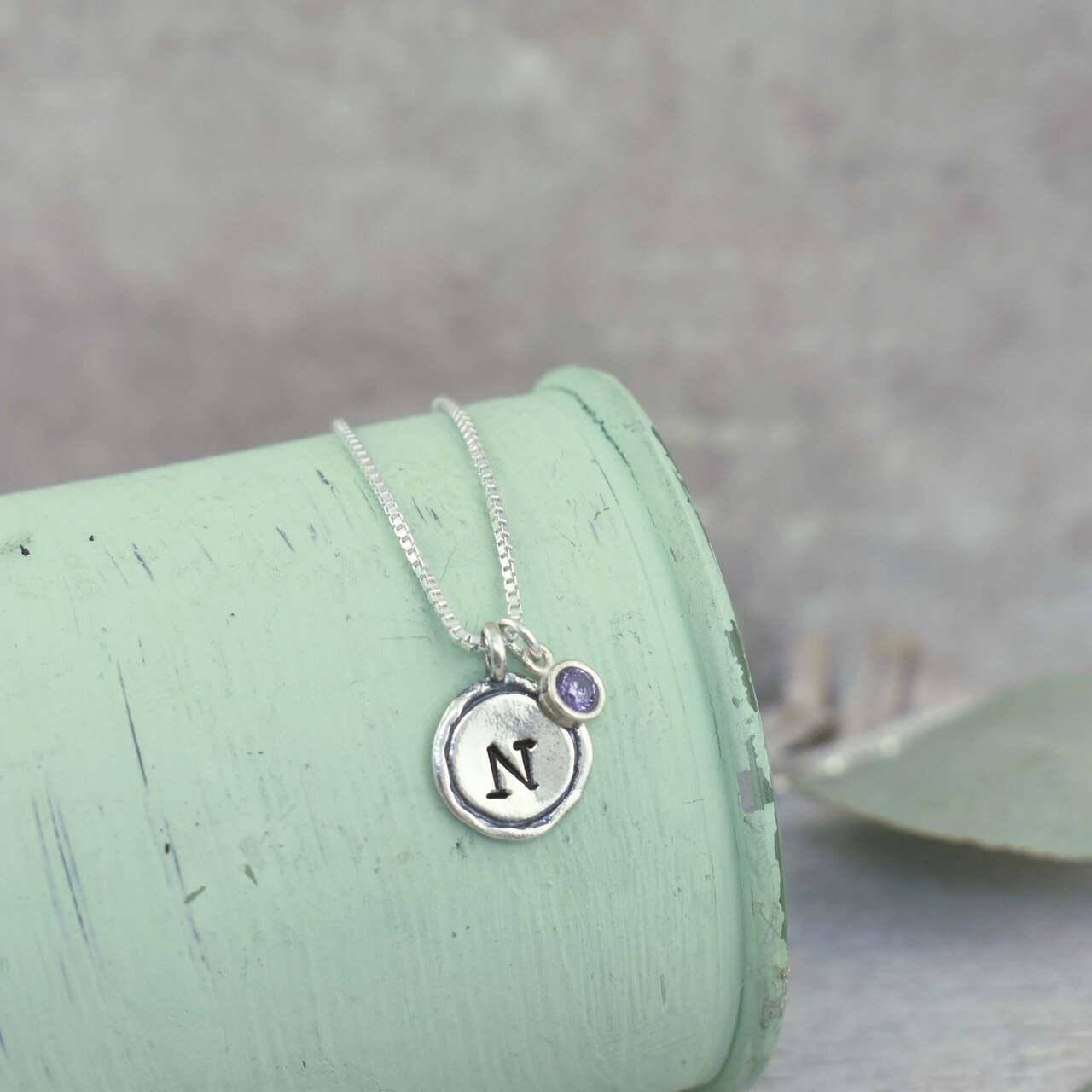 Handcrafted sterling silver necklace with your choice of birthstones from January to December and your initial from A-Z