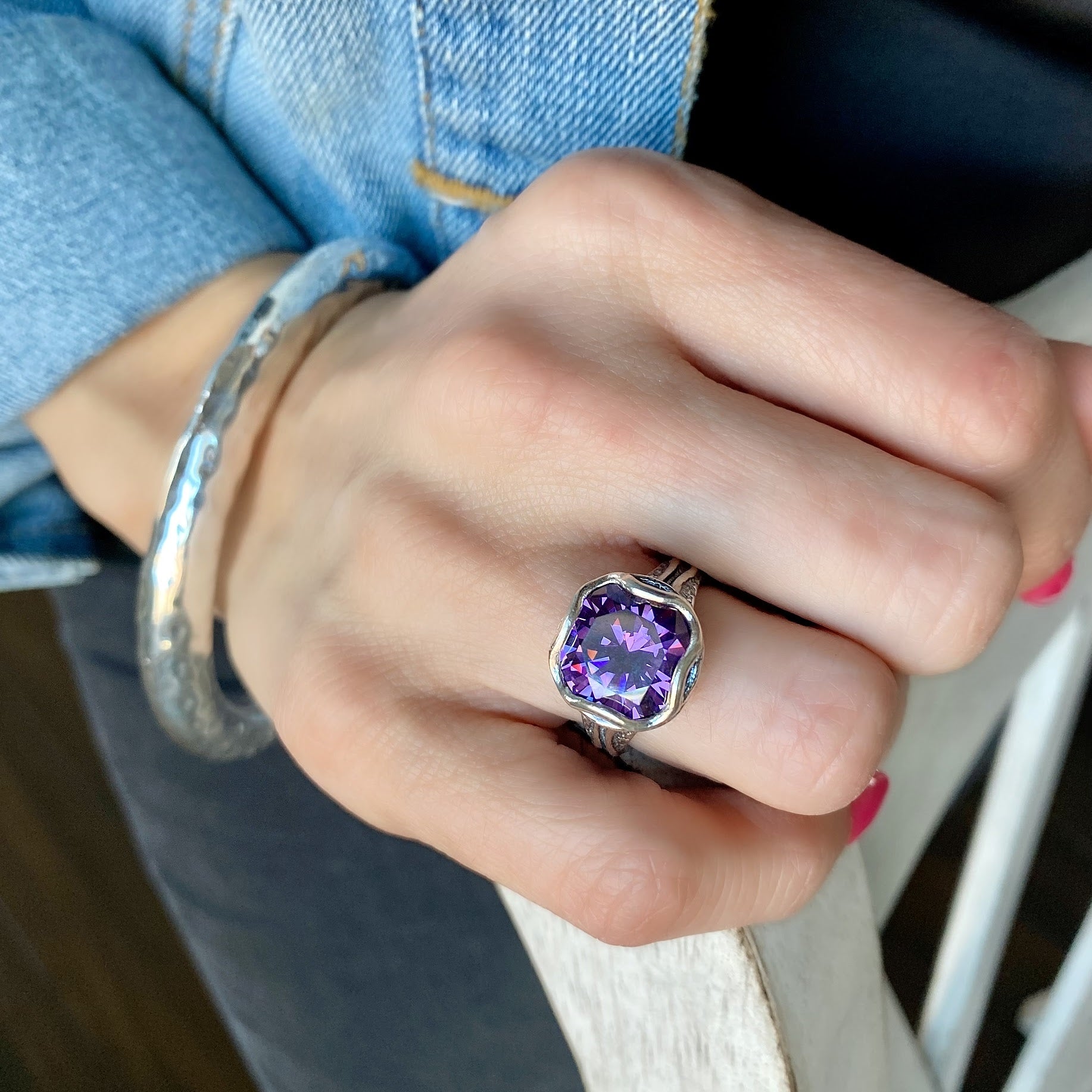 Purple stone ring antiqued sterling silver