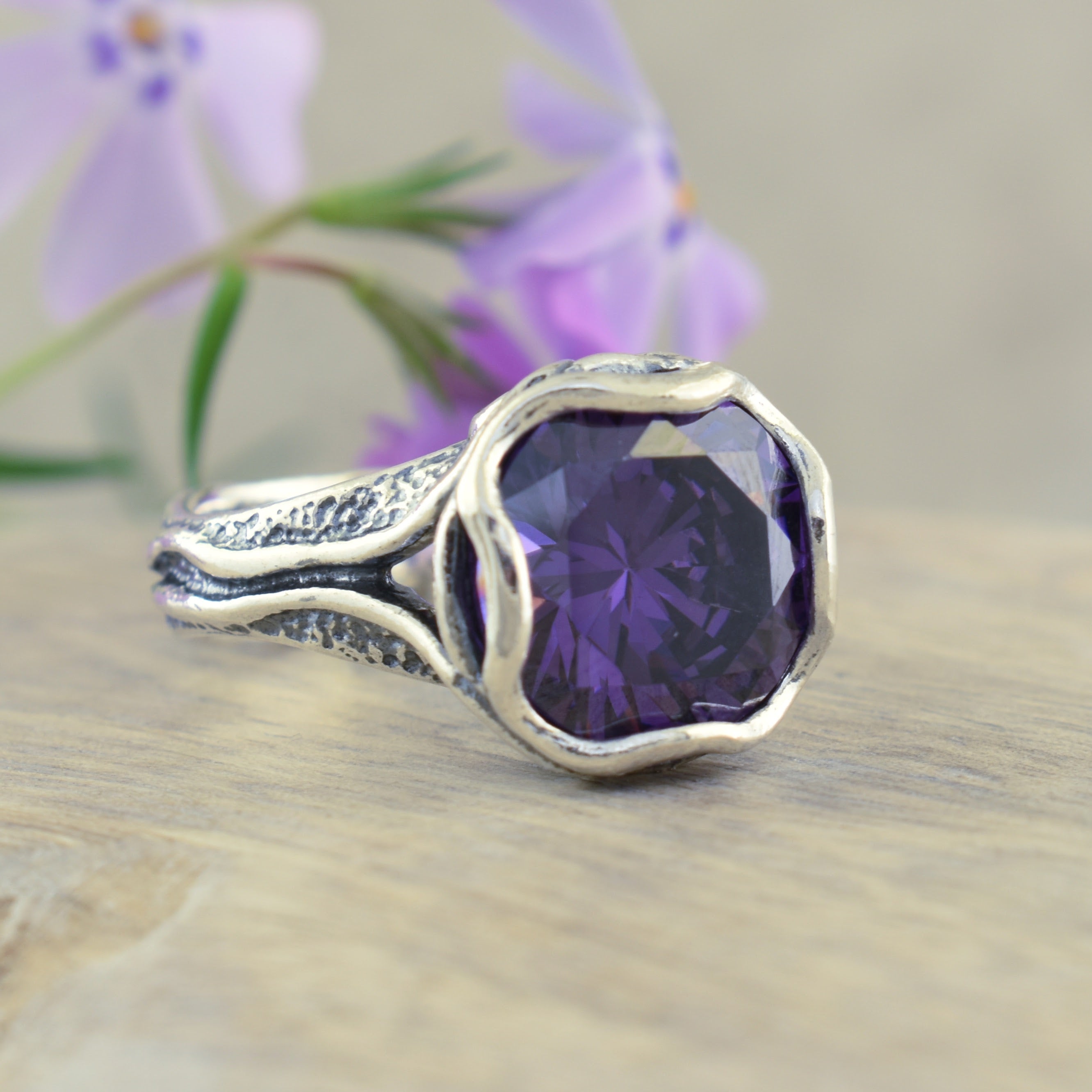 Handcrafted .925 sterling silver and purple amethyst cz ring