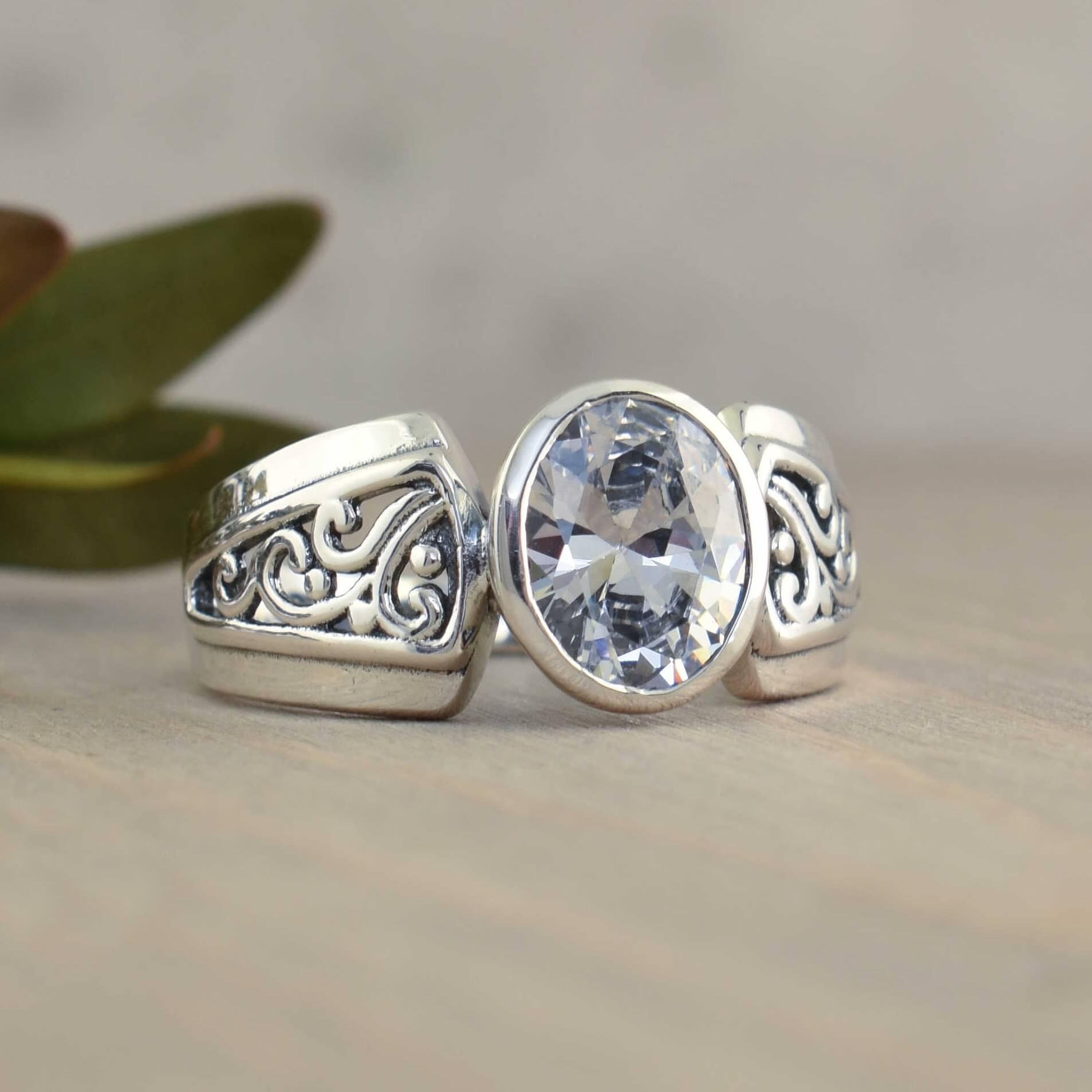 Oval shaped cz stone set in handcrafted sterling silver