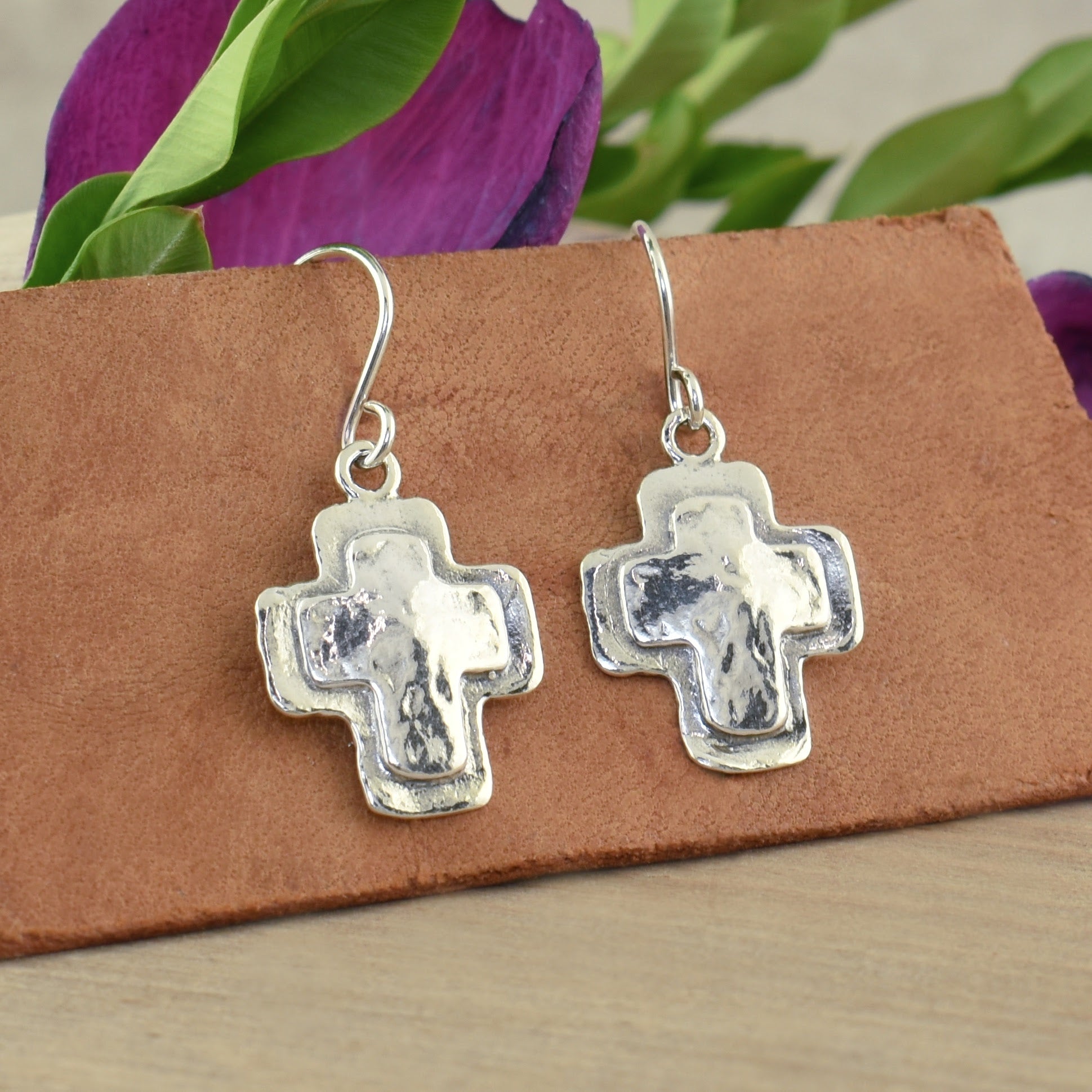 .925 sterling silver cross dangling earrings