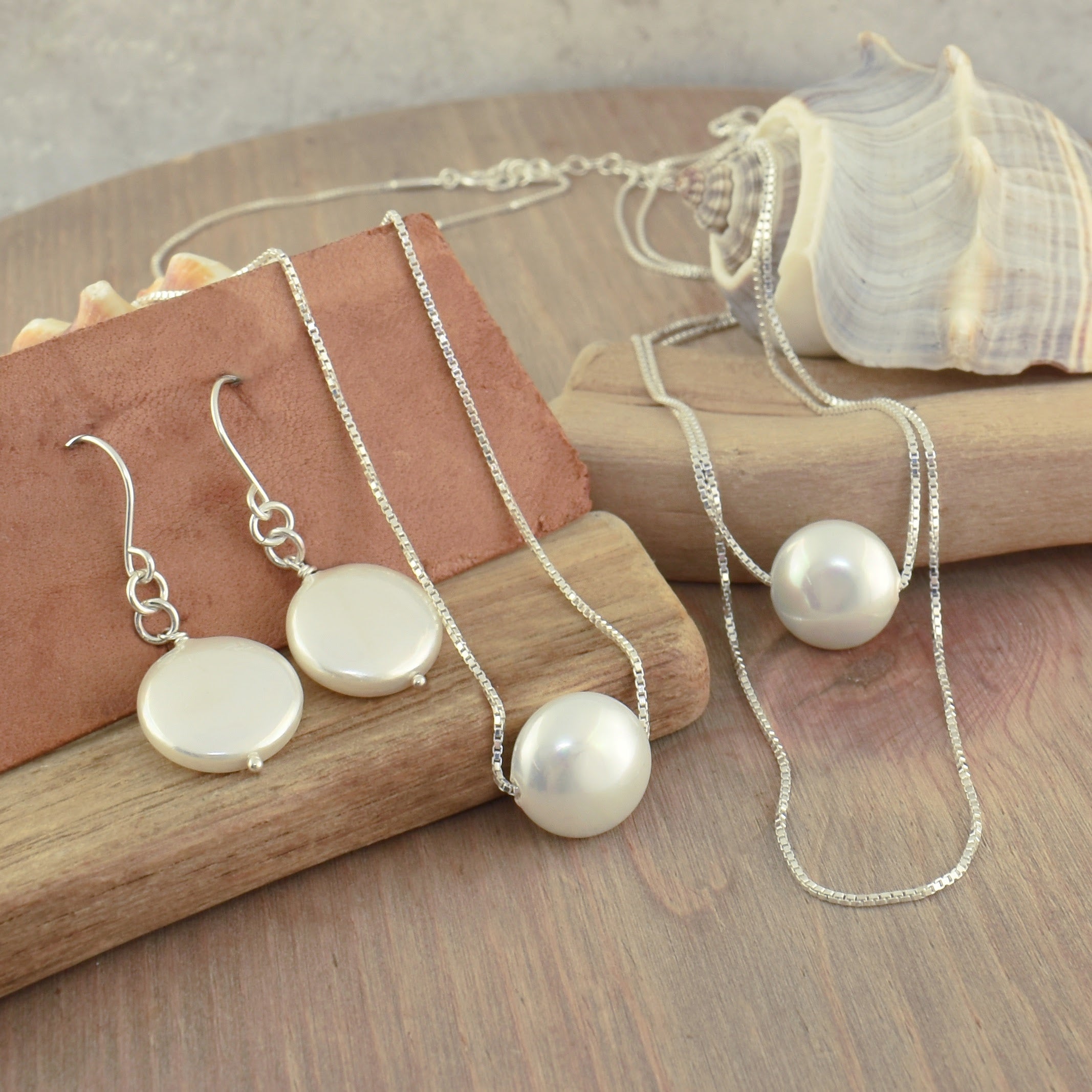 Seaside matching necklace and earring ster in handcrafted sterling silver and faux pearl