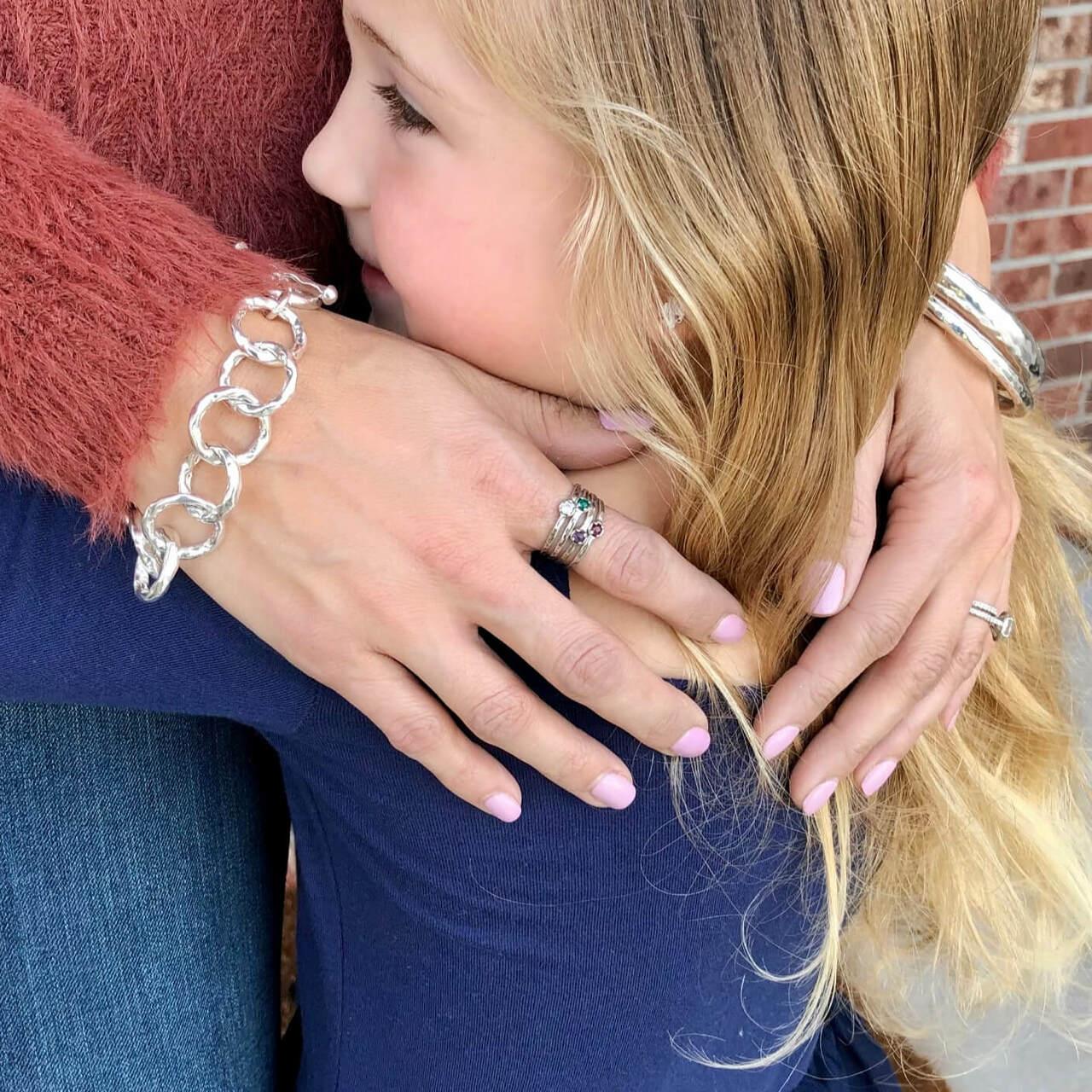 Stackable birthstone mother's rings with Today's Girl Bracelet