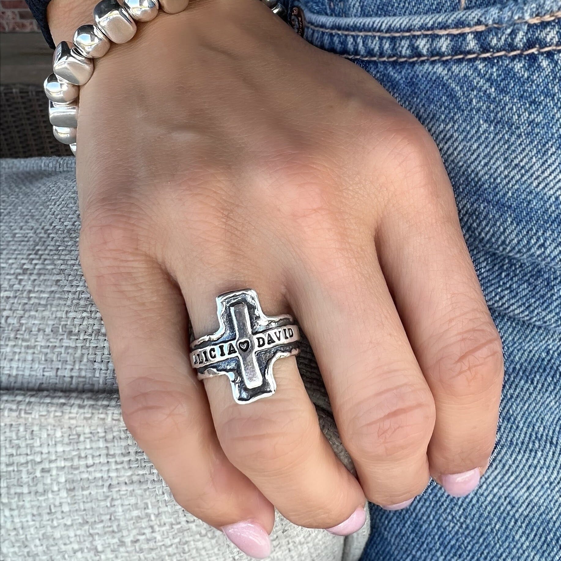 Personalized Cross Ring paired with Roundabout Bracelet in sterling silver