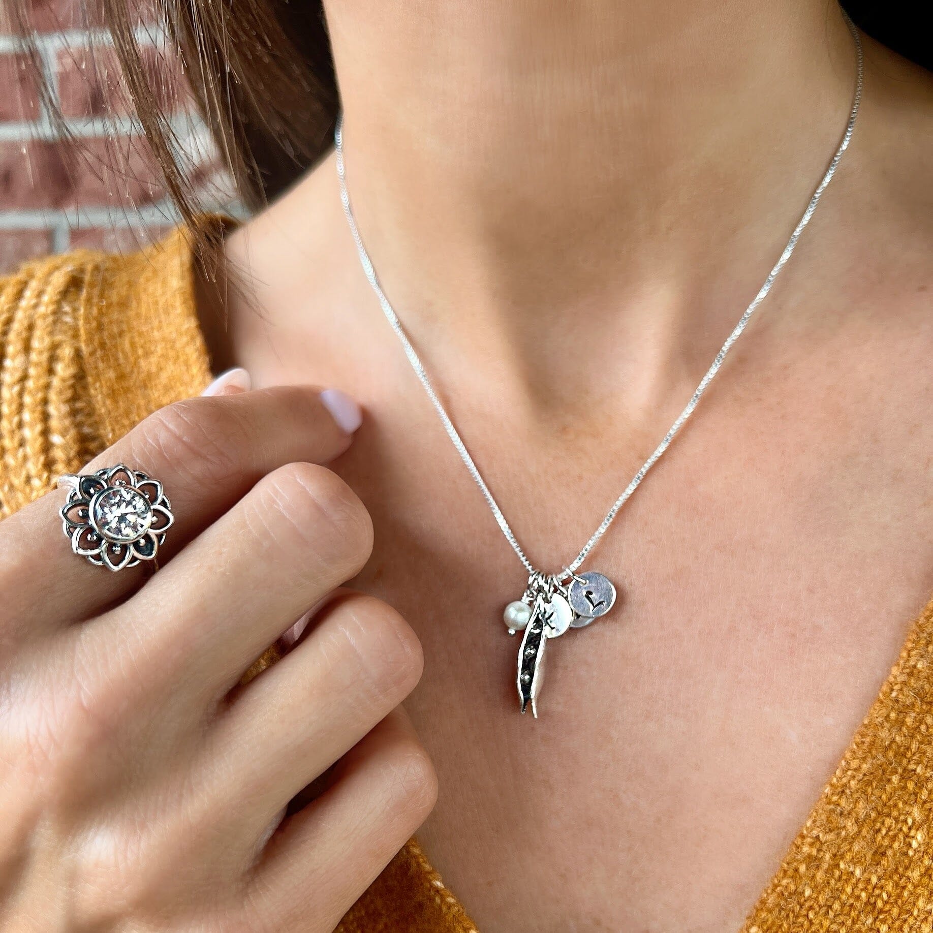 Sterling silver pea necklace with personalized initials 