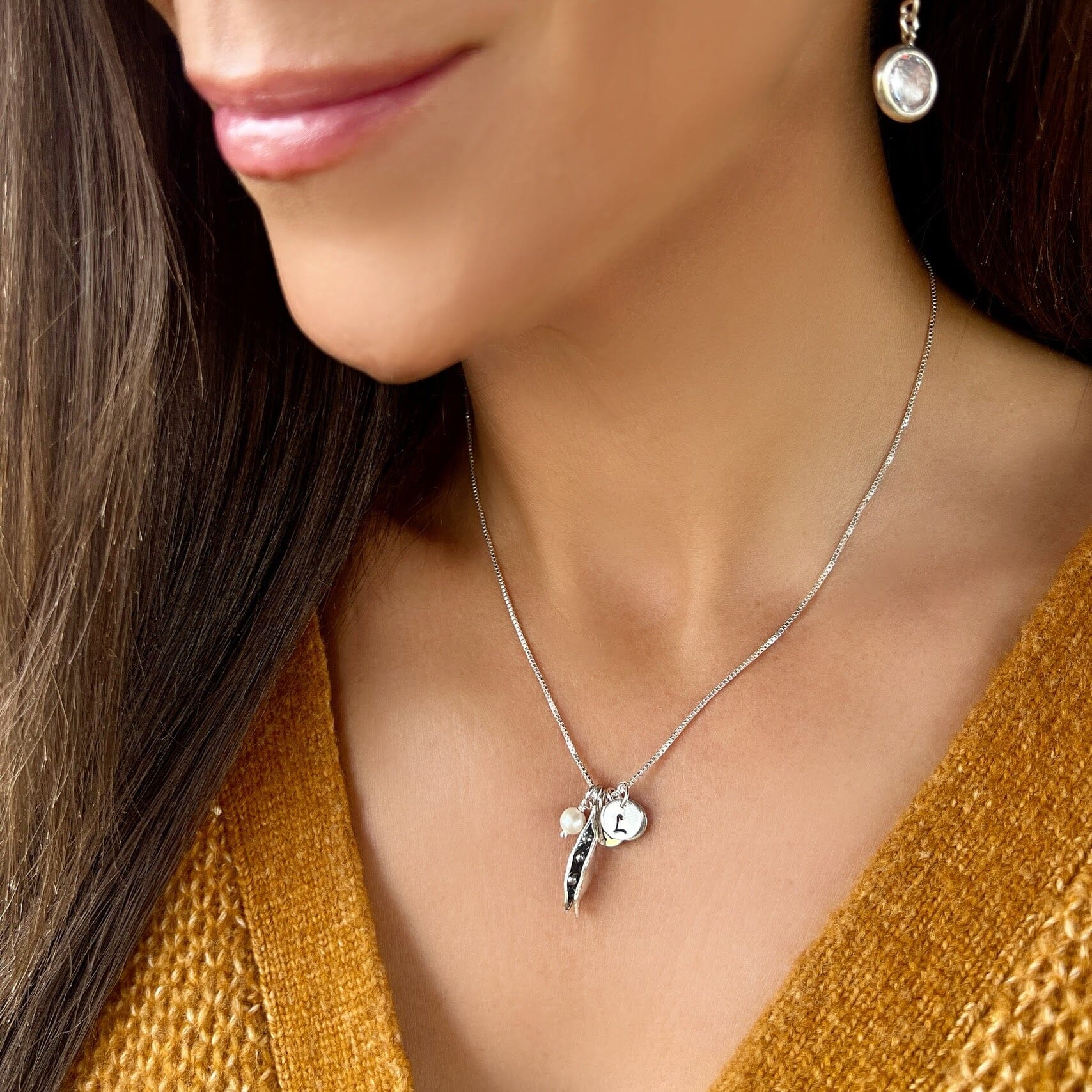 freshwater pearl with a pea pod and initials necklace