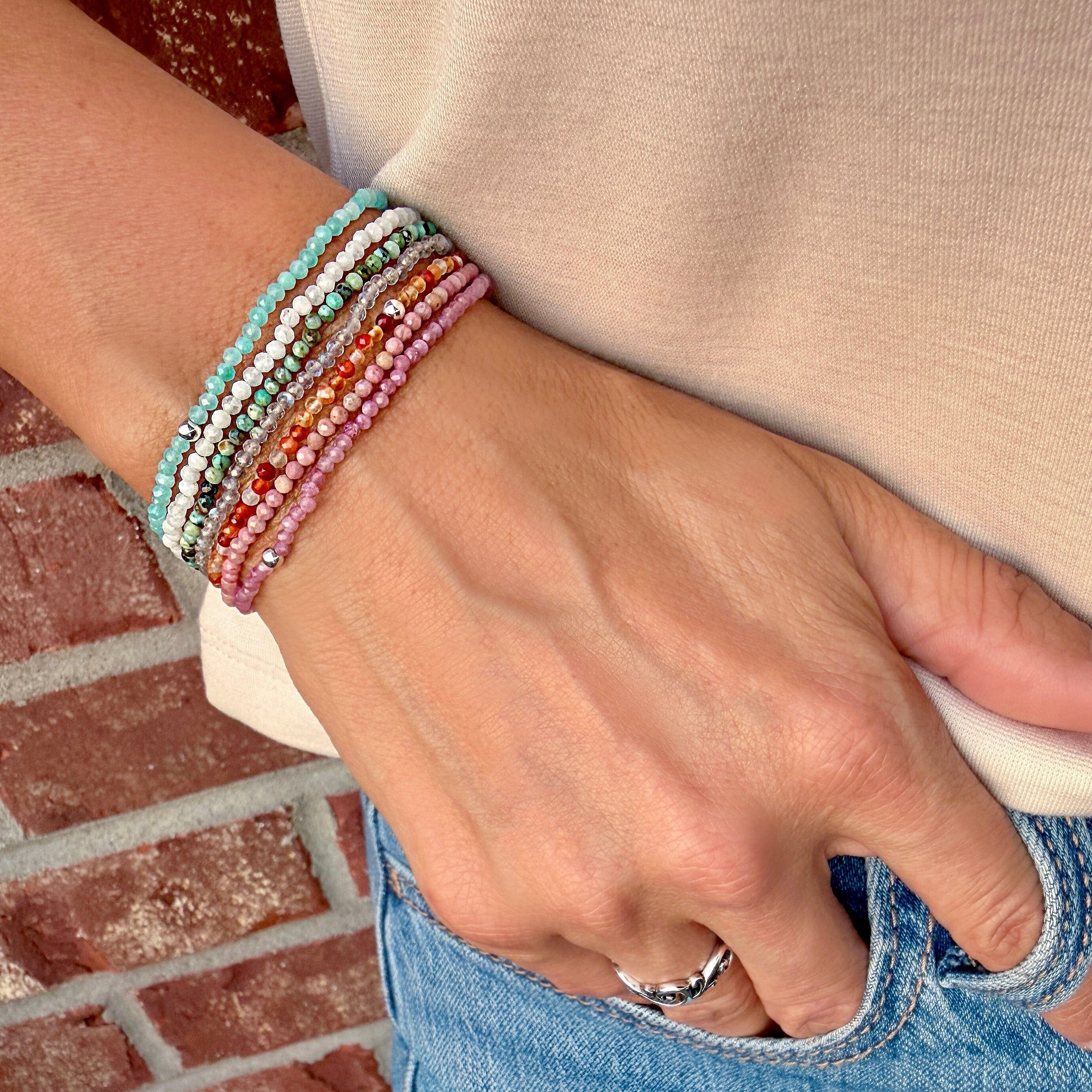 stretch stone stacking bracelets in a varety of colors