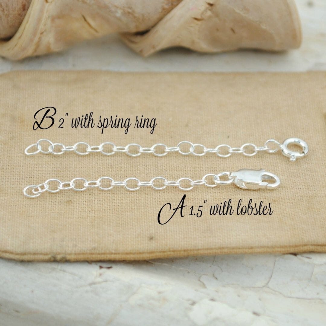 2 sterling silver necklace extenders, one labeled A 1.5" with lobster, the other labeled B 2" with spring ring