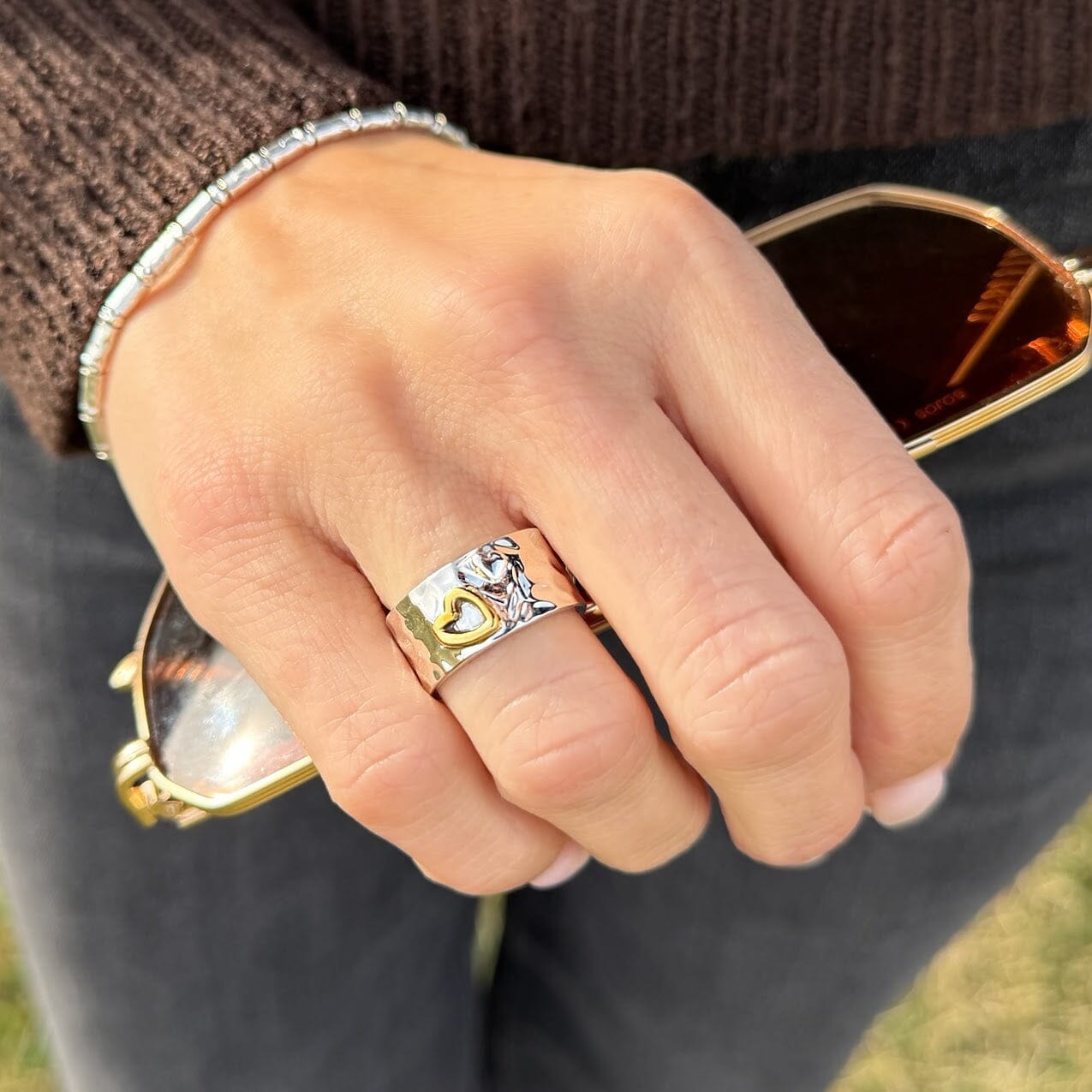 wide silver and brass designer ring