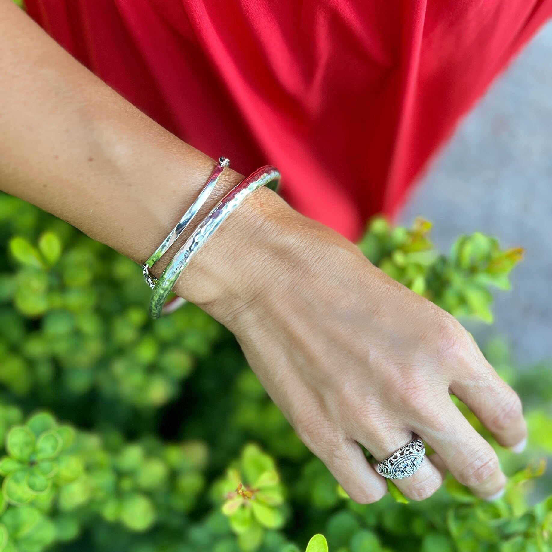 Handcrafted bar bracelet high polished paired with the essentials bracelet and vintage splendor ring