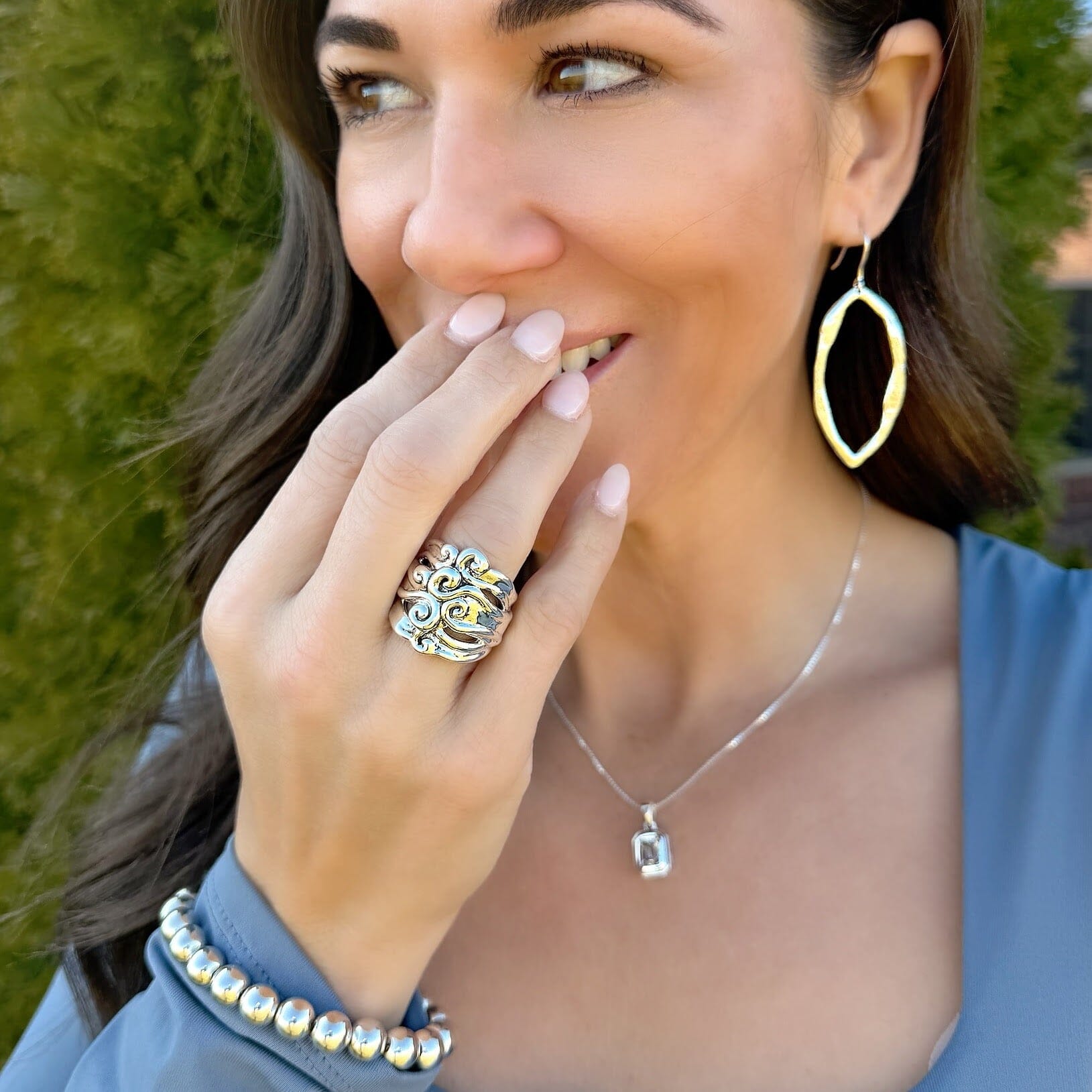 All Swell Ring paired with Tiffany Necklace, Wabi Sabi Earrings, and Classic Bead Bracelet
