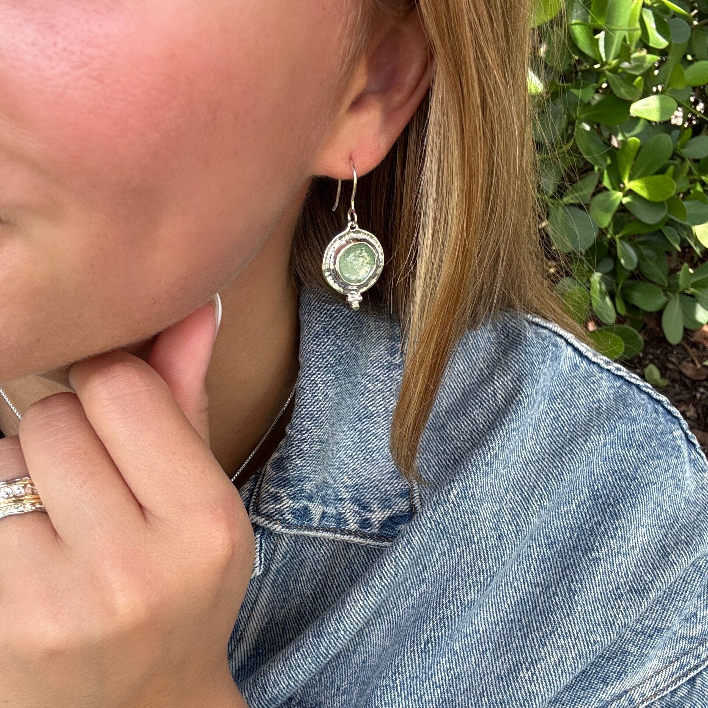 seafoam colored roman glass dangling earrings - Ancient Glow