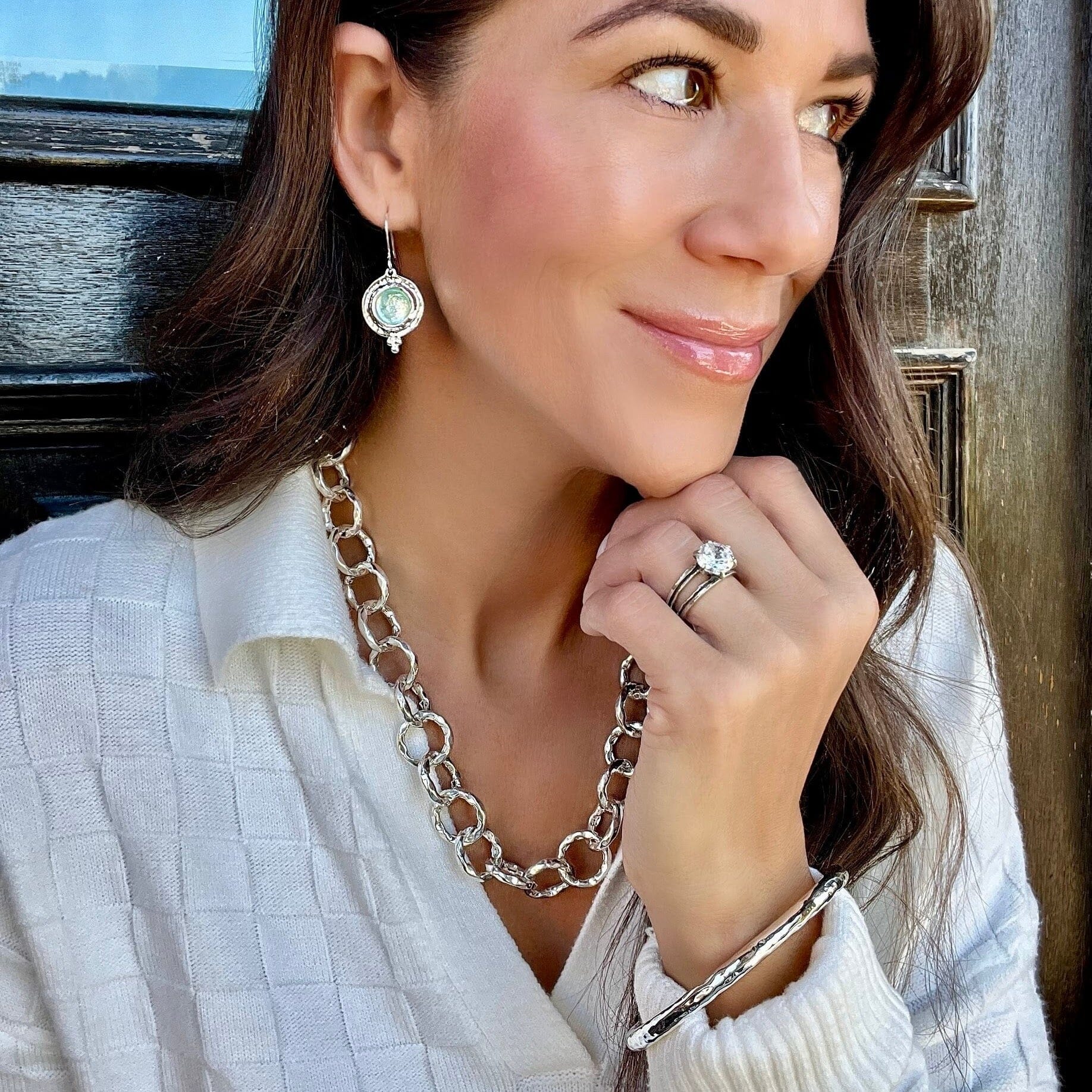 Ancient Glow Earrings paired with Today's Girl Necklace, Ooh La La Ring, and Essentials Bangle