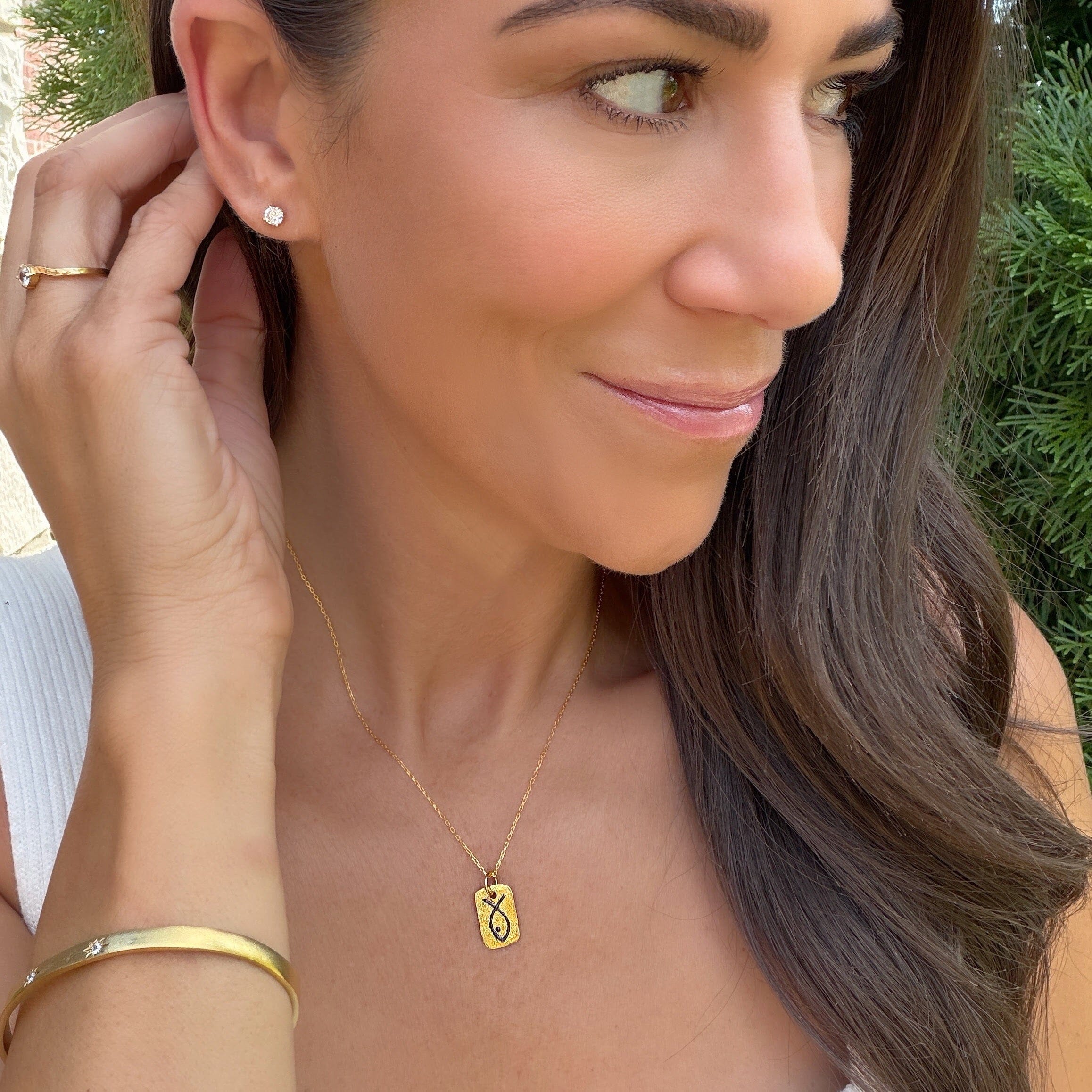 Ancient Faith Necklace paired with Bitty Bling Earrings, Nesting Stack Ring, and Tiny Miracles Cuff