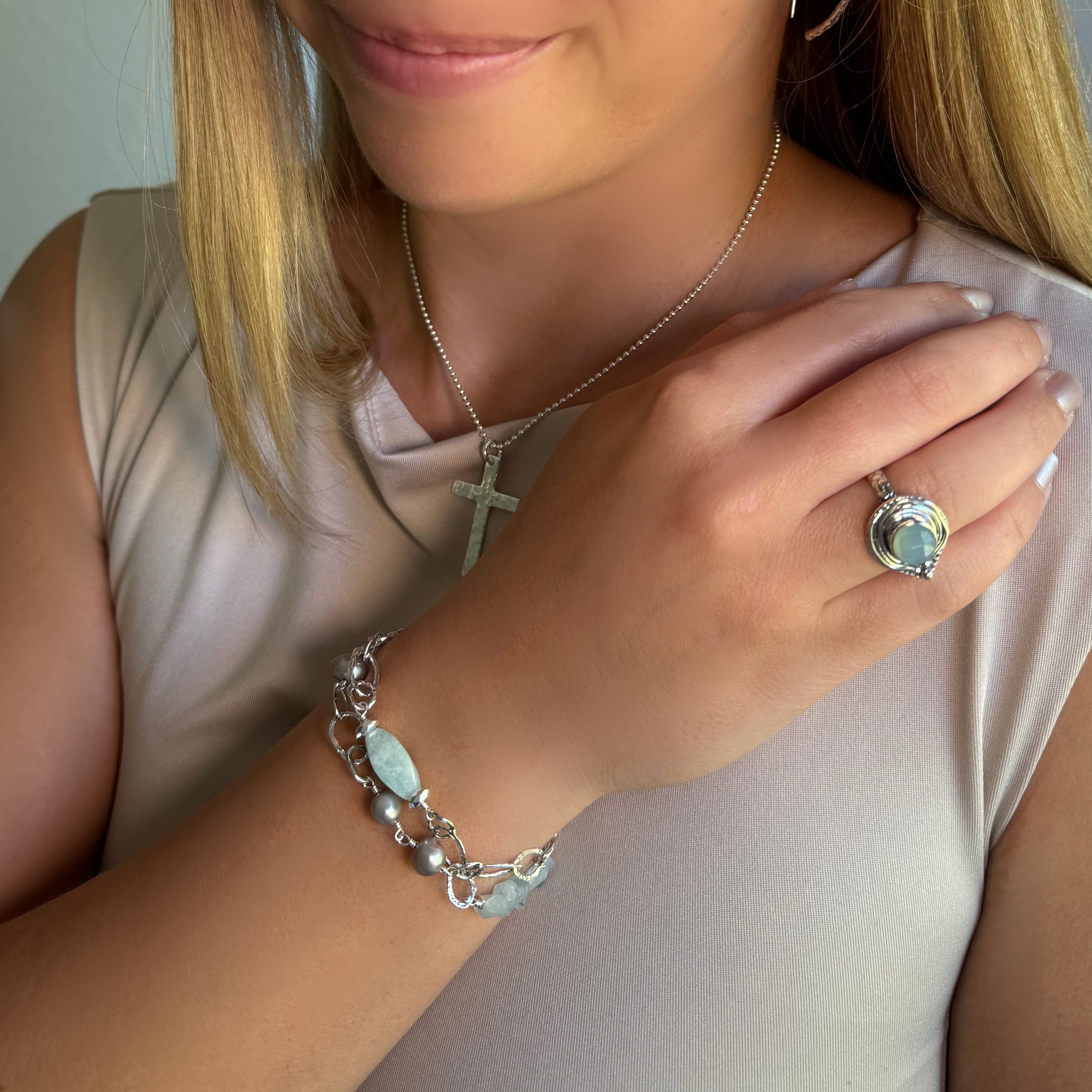 sterling silver jewlery aqua lagoon bracelet, aqua lagoon ring and cherished necklace