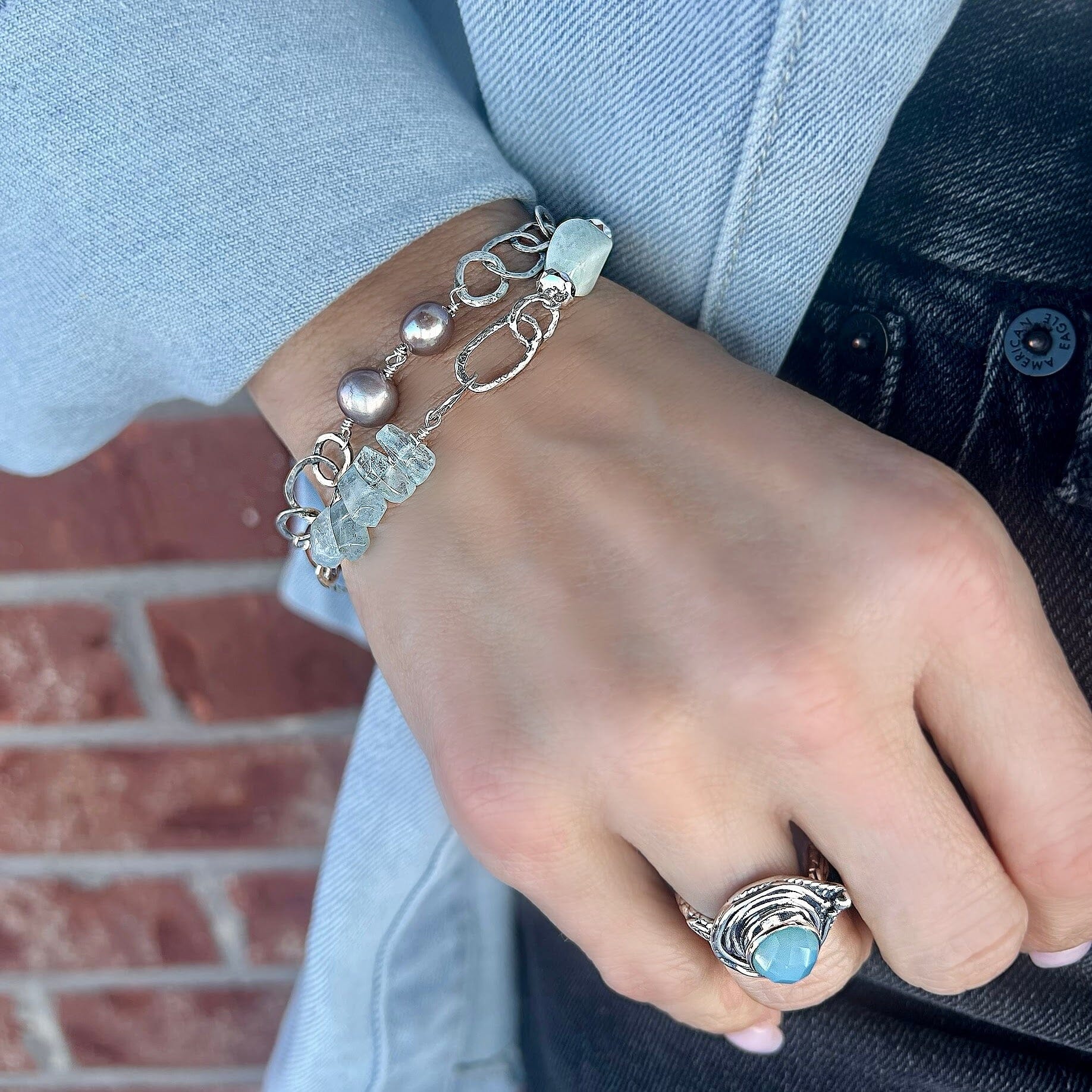 sterling silver bracelet with freshwater pearls and aqua stones