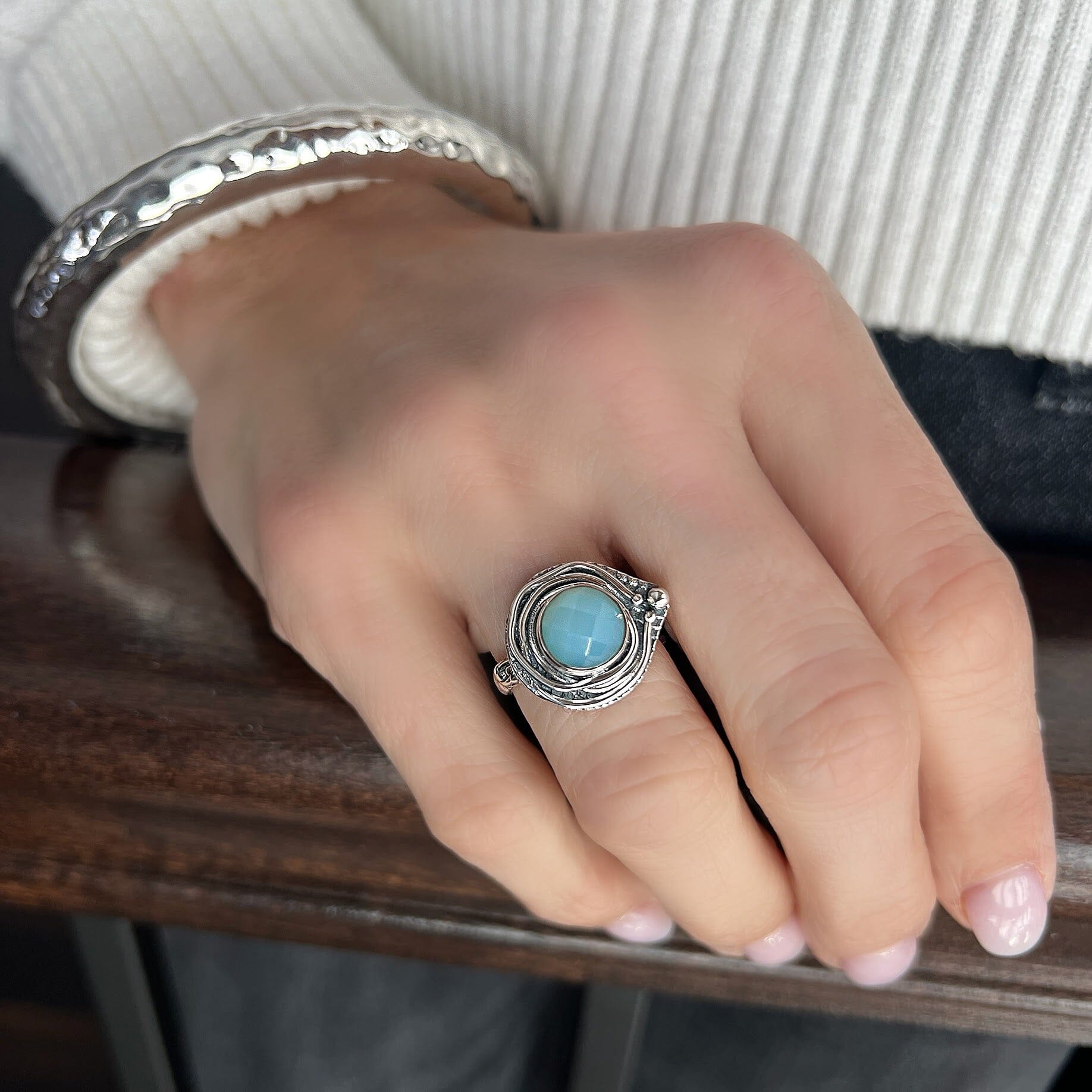 sterling silver unique rings with a aqua  Chalcedony stone paired with hammered bliss bangle