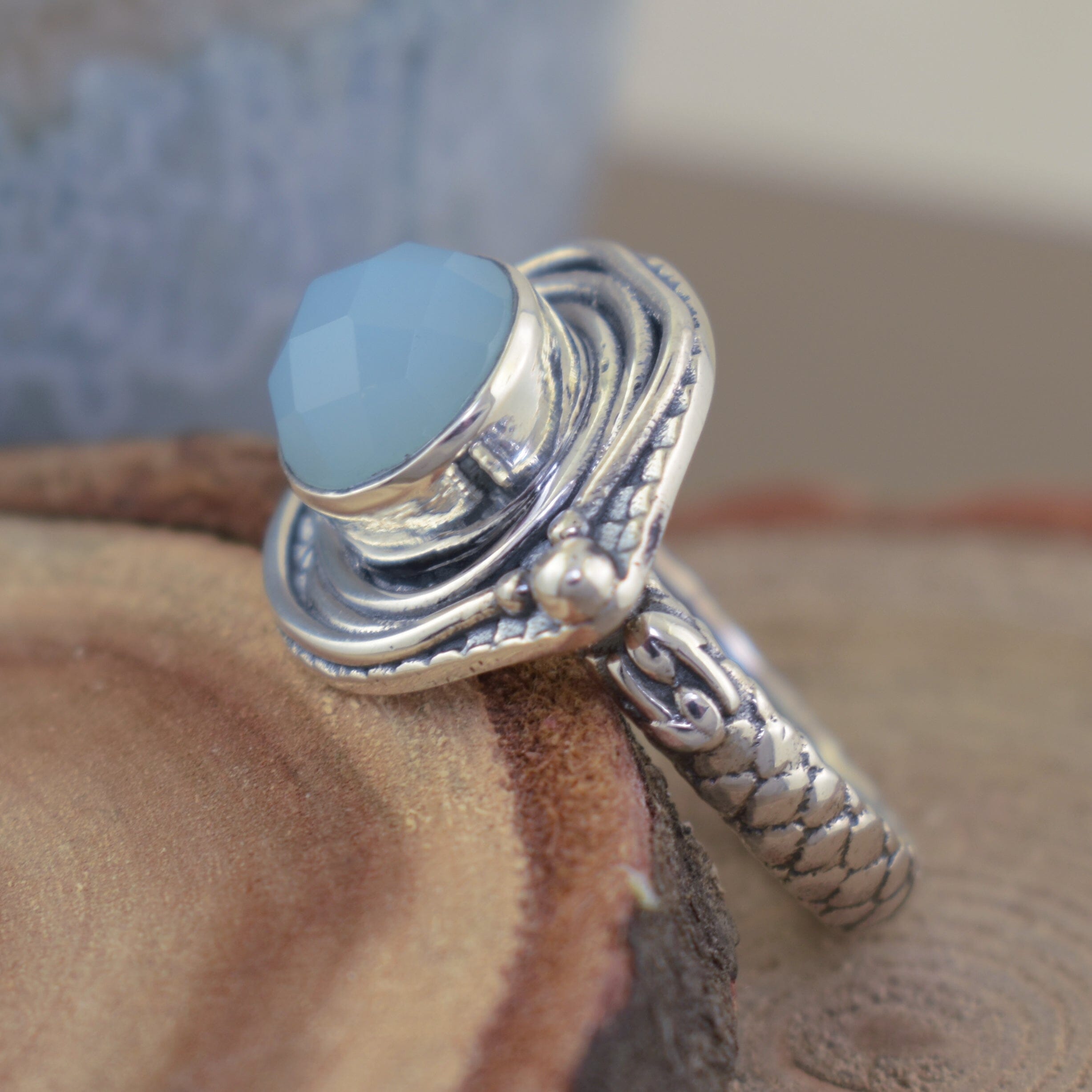 silver designer Aqua Lagoon Ring featuring bezel set aqua chalcedony